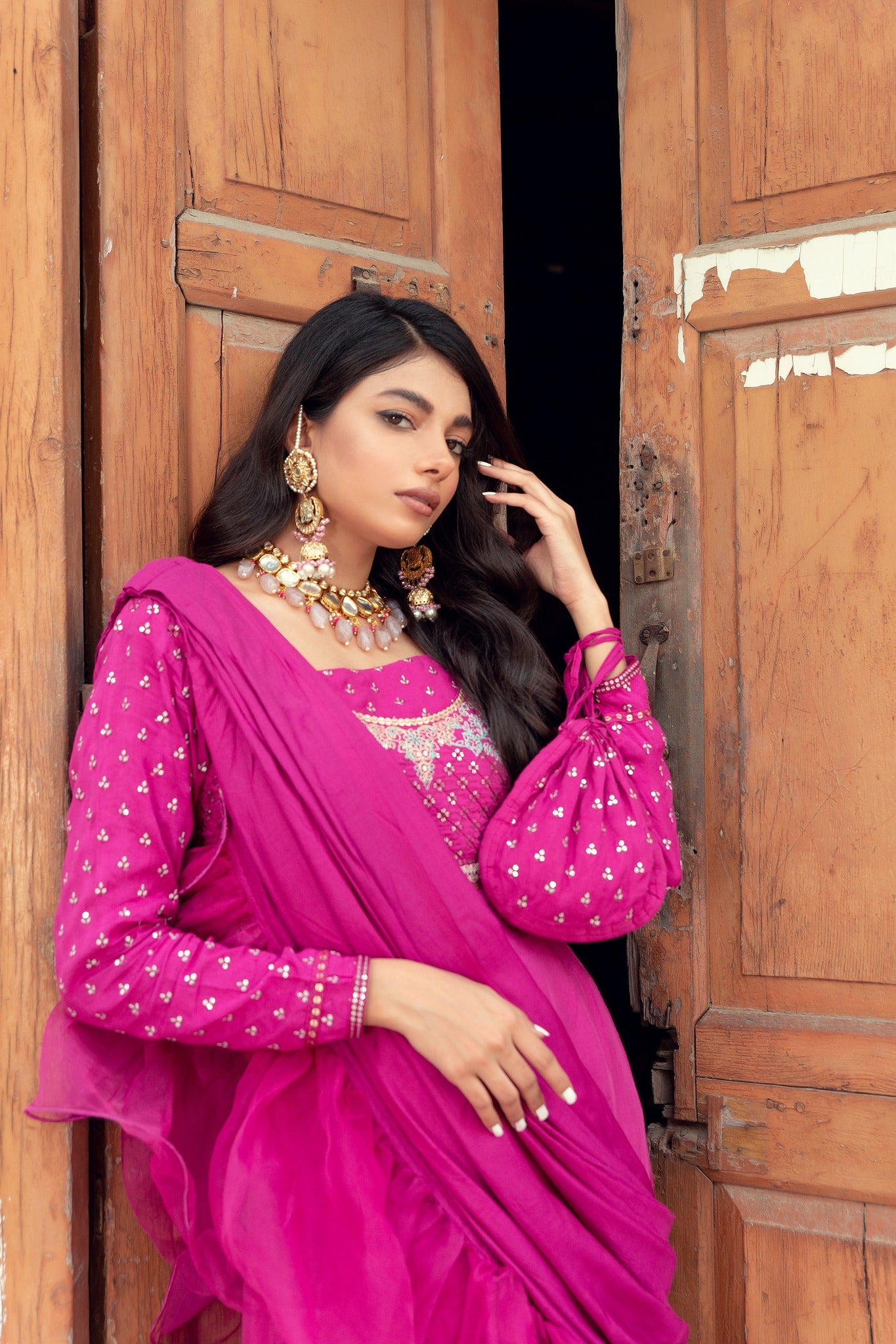 Pakistani Magenta Embroidered Cotton Silk Gown (3-Piece) - Image 10