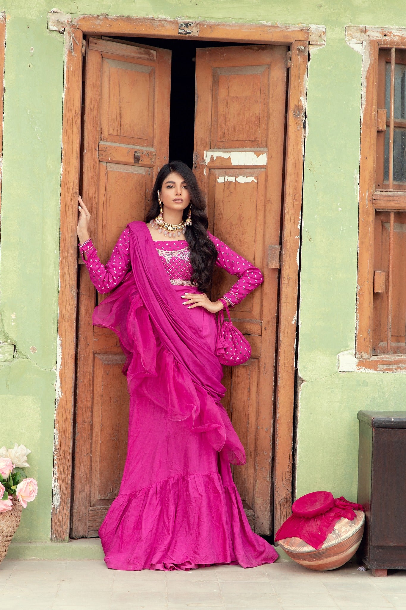 Pakistani Magenta Embroidered Cotton Silk Gown (3-Piece) - Image 11