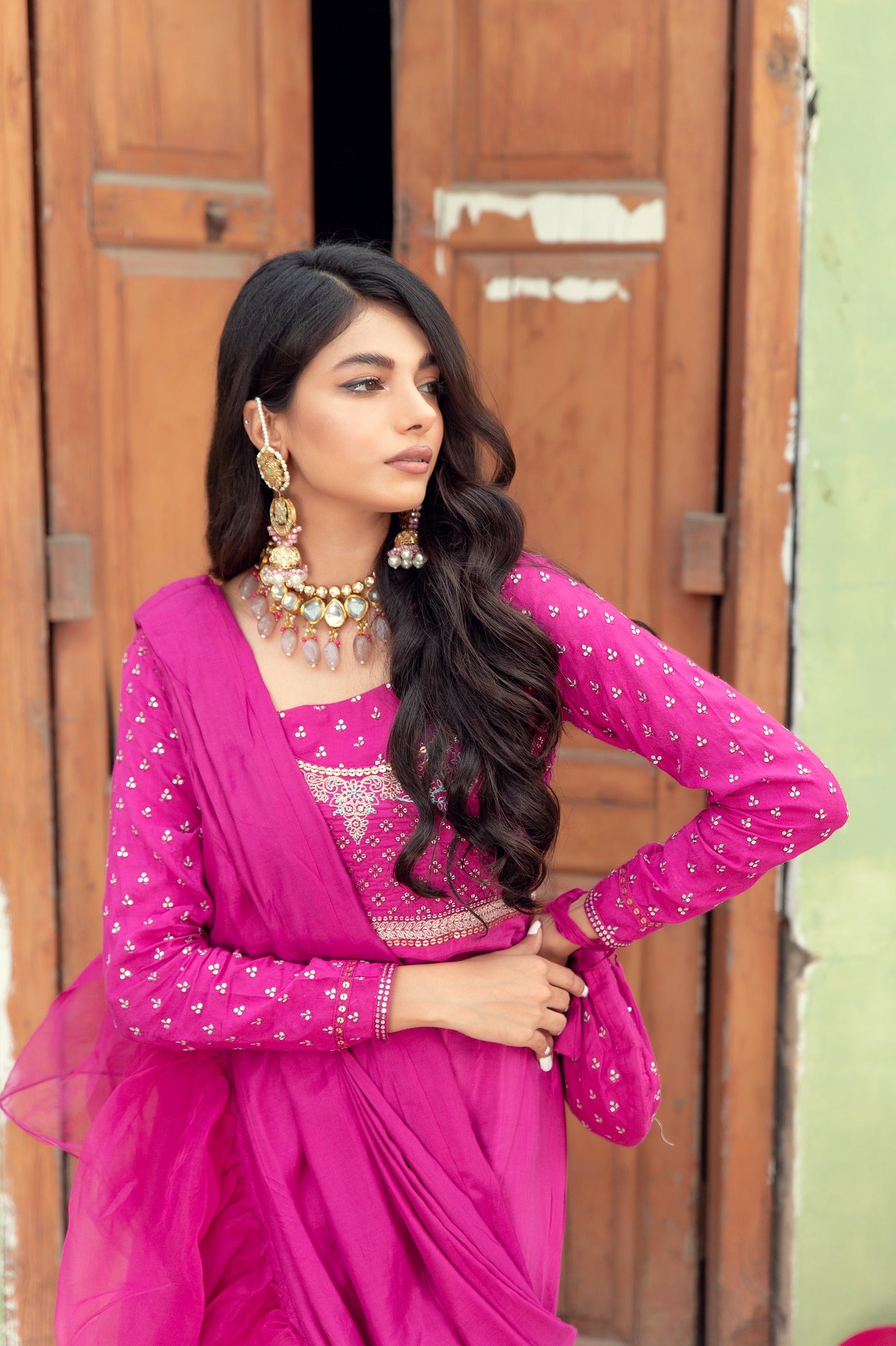 Pakistani Magenta Embroidered Cotton Silk Gown (3-Piece) - Image 4