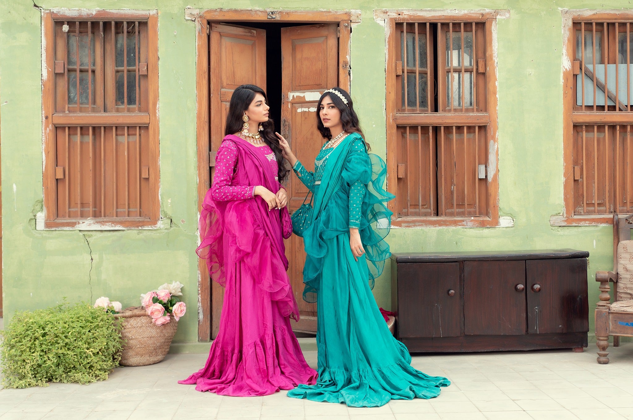 Pakistani Magenta Embroidered Cotton Silk Gown (3-Piece) - Image 5