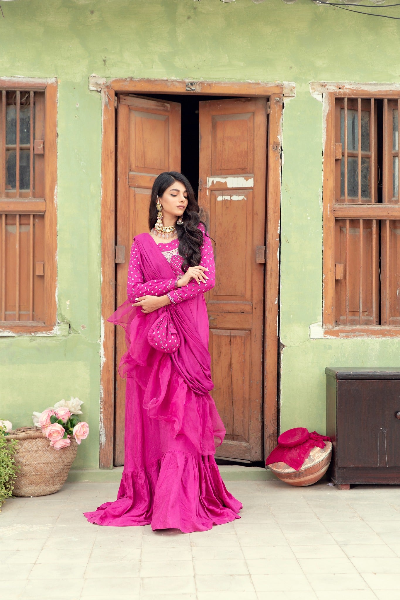 Pakistani Magenta Embroidered Cotton Silk Gown (3-Piece) - Image 6