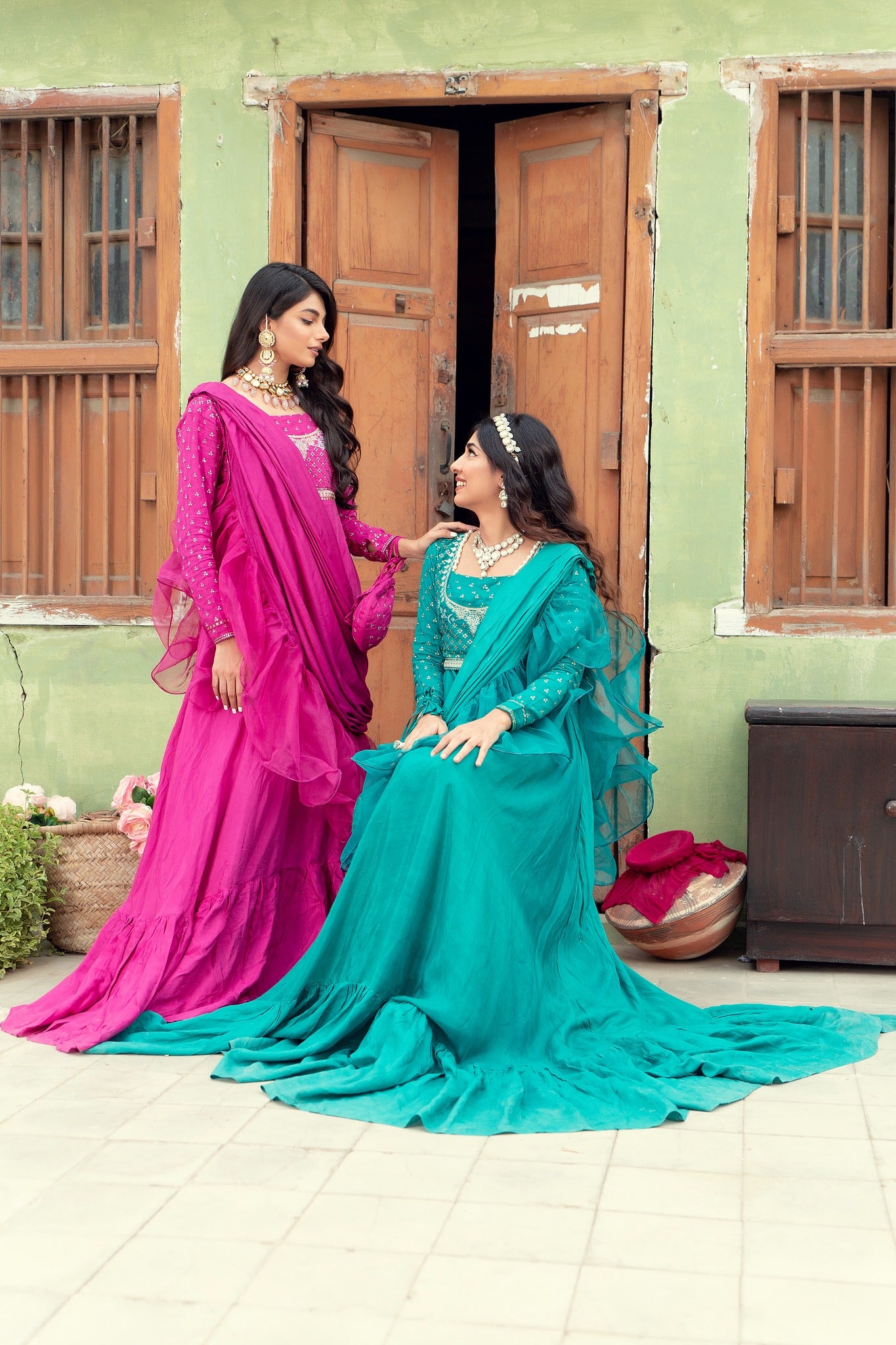 Pakistani Magenta Embroidered Cotton Silk Gown (3-Piece) - Image 7