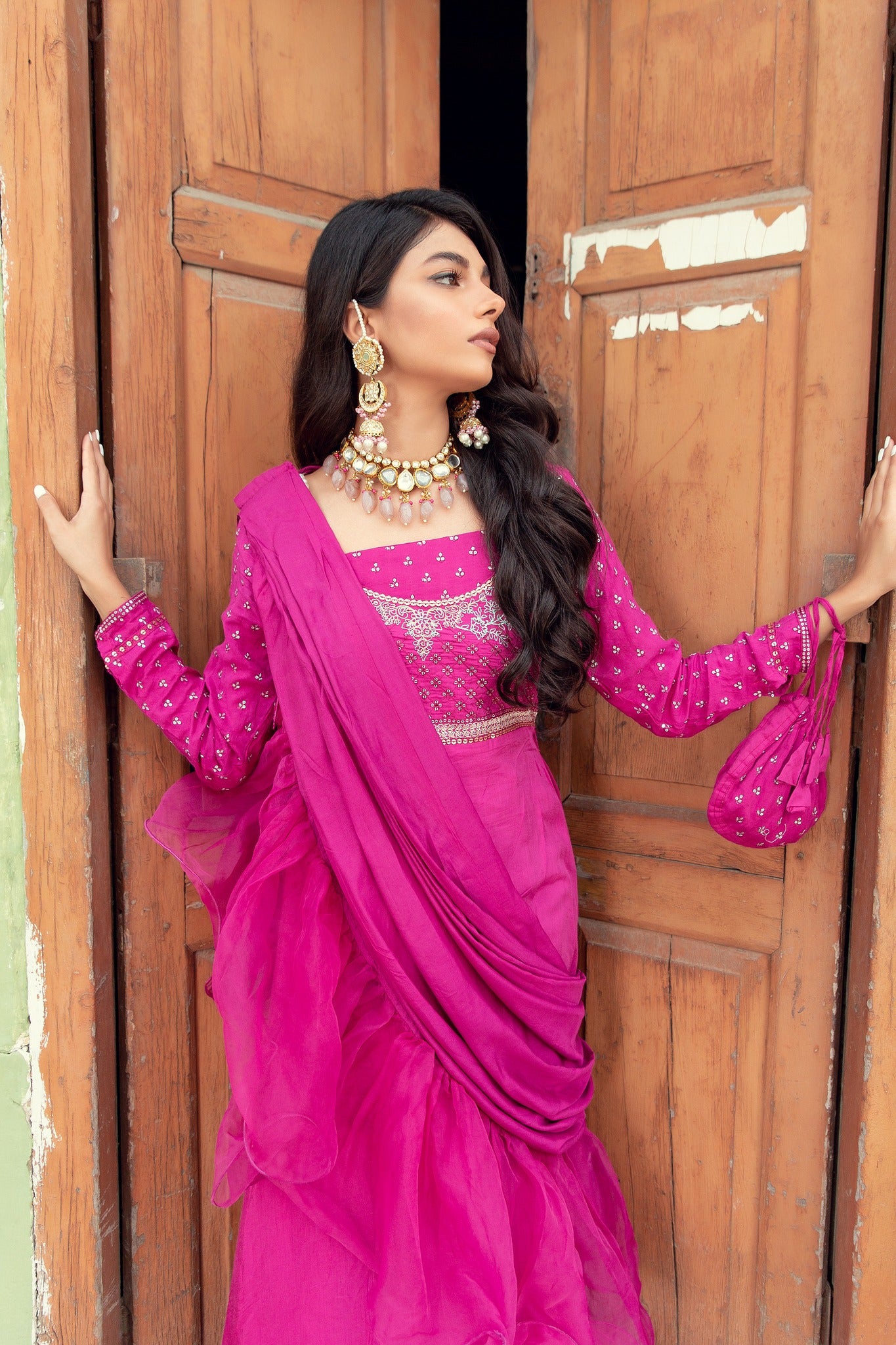 Pakistani Magenta Embroidered Cotton Silk Gown (3-Piece) - Image 8