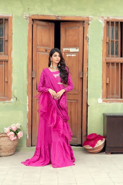 Pakistani Magenta Embroidered Cotton Silk Gown (3-Piece) - Image 9
