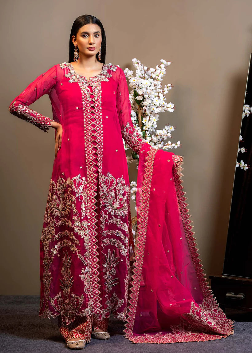 Pakistani Shocking Pink Embroidered Organza Gown Set (3-Piece) - Image 1