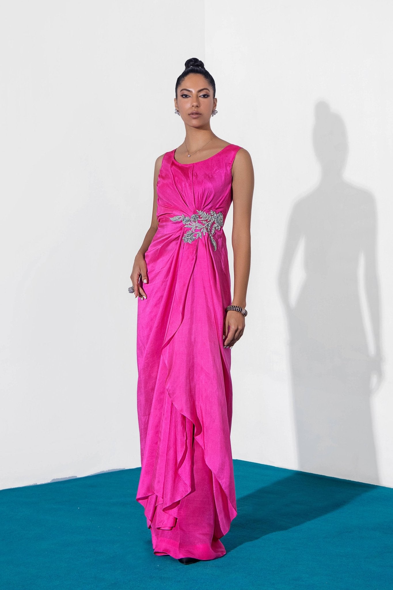 Pakistani Fuchsia Crystal Zardozi Silk Draped Gown (3-Piece) - Image 10