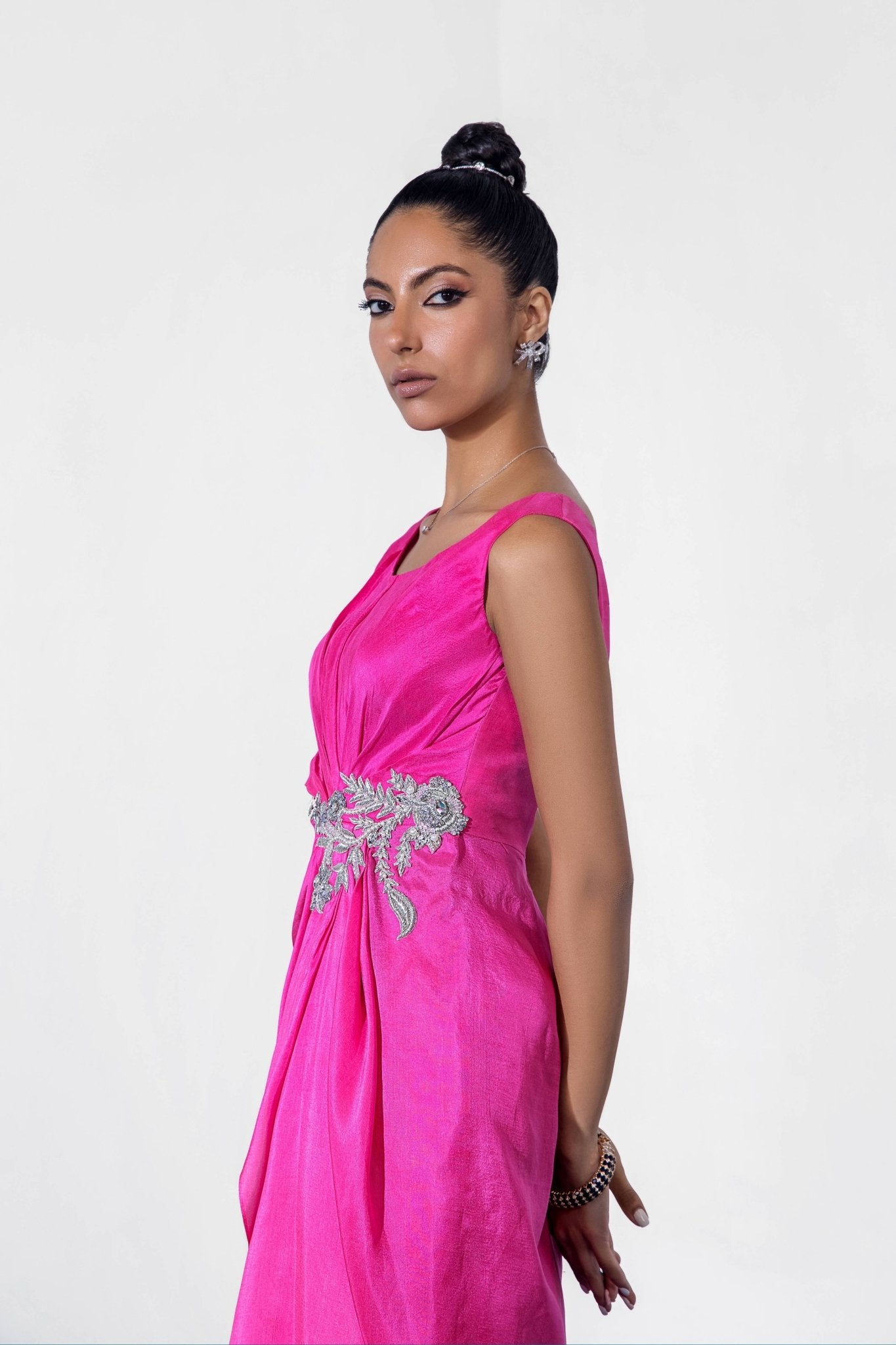Pakistani Fuchsia Crystal Zardozi Silk Draped Gown (3-Piece) - Image 12