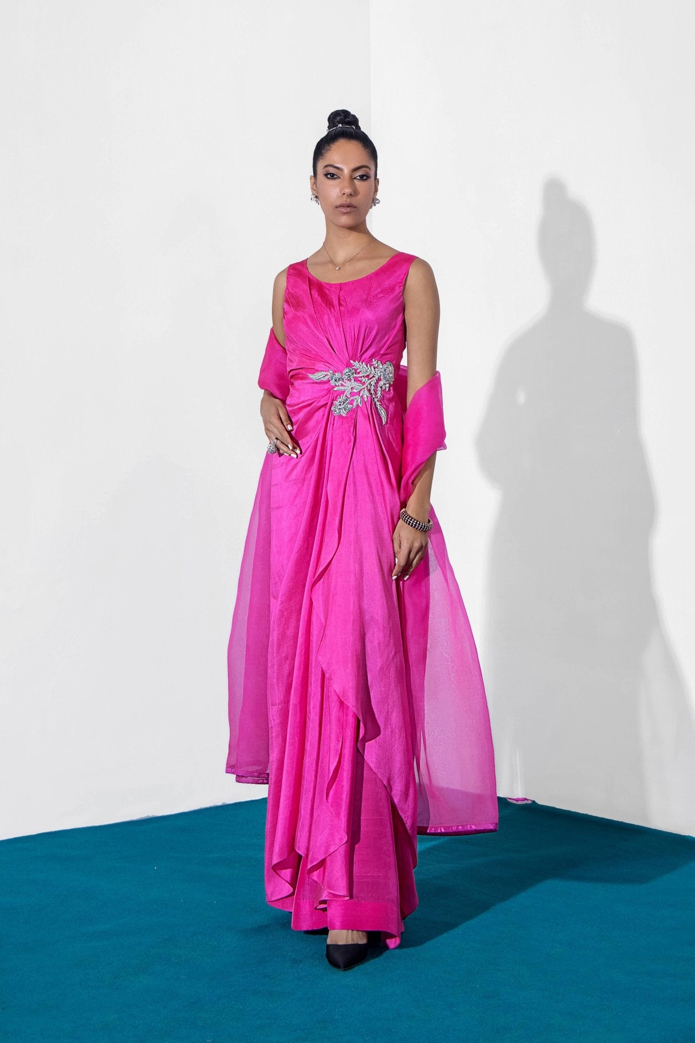 Pakistani Fuchsia Crystal Zardozi Silk Draped Gown (3-Piece) - Image 3