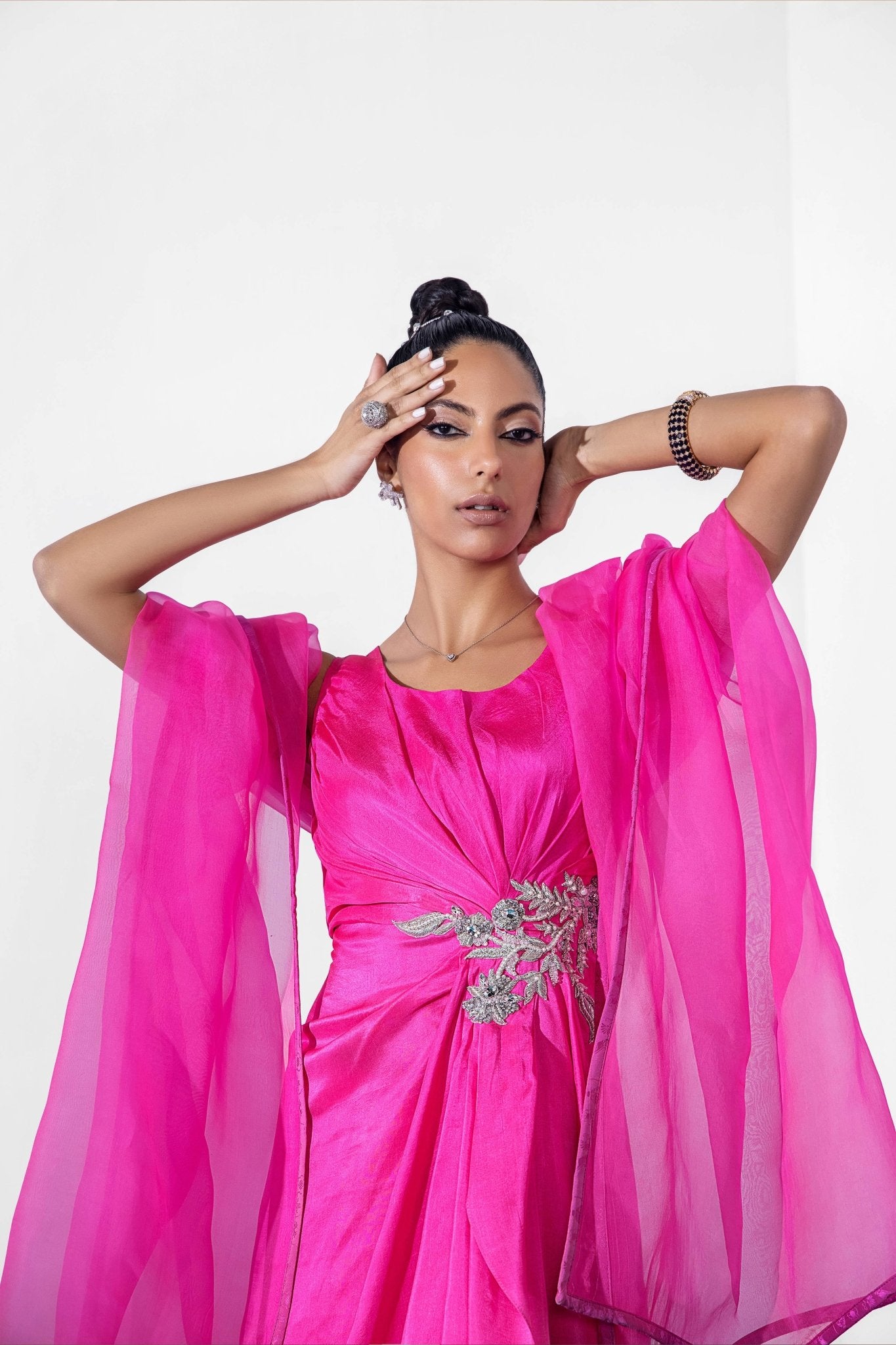 Pakistani Fuchsia Crystal Zardozi Silk Draped Gown (3-Piece) - Image 5