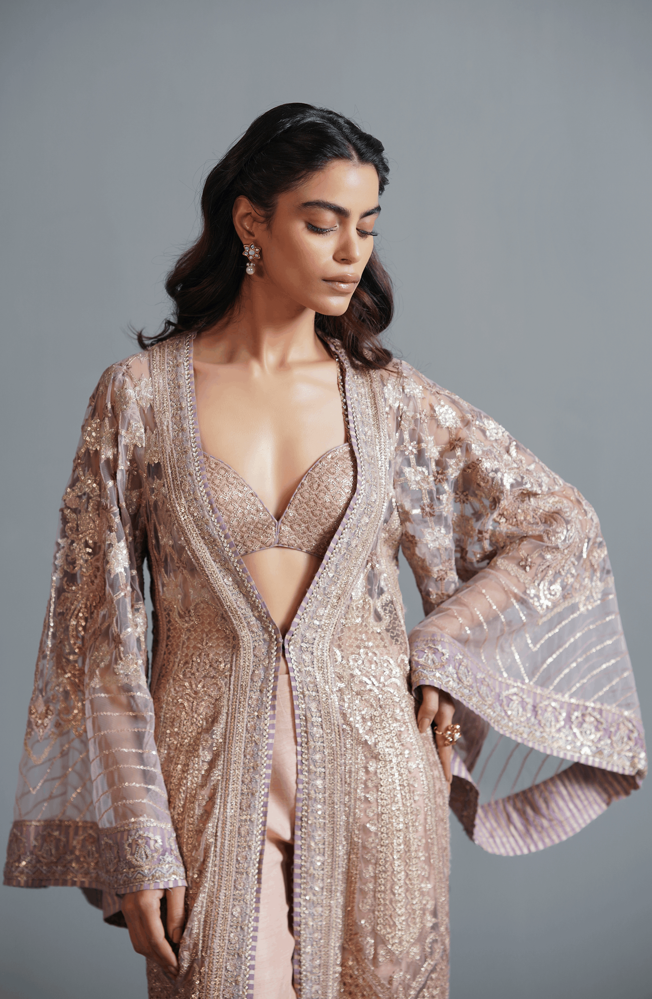 Pakistani Champagne Pink Embroidered Net Jacket Set (3-Piece) - Image 1