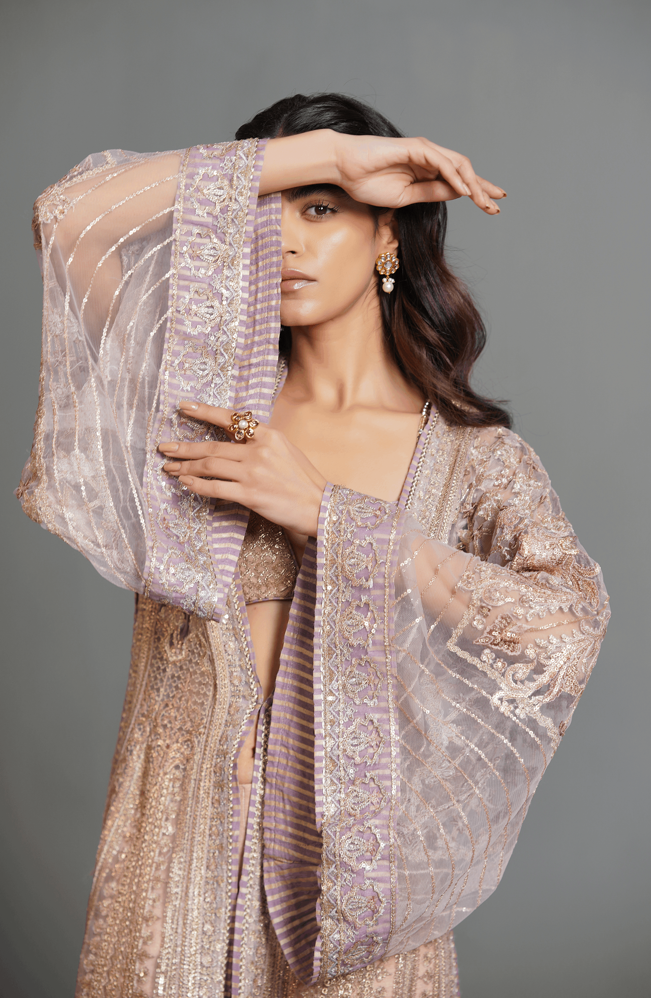 Pakistani Champagne Pink Embroidered Net Jacket Set (3-Piece) - Image 2