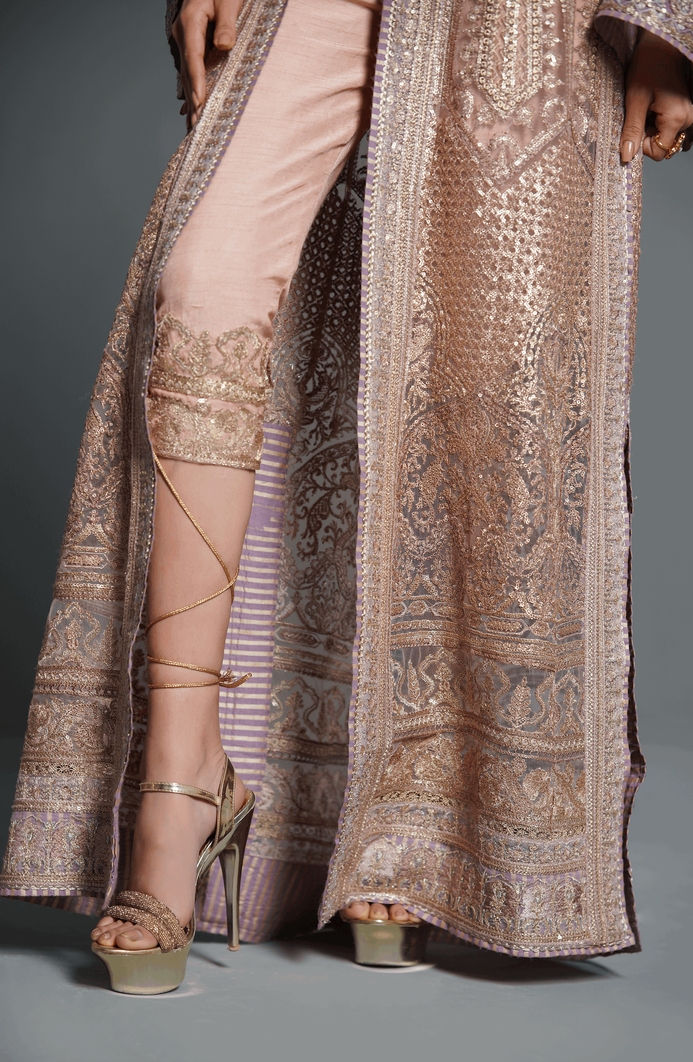 Pakistani Champagne Pink Embroidered Net Jacket Set (3-Piece) - Image 4