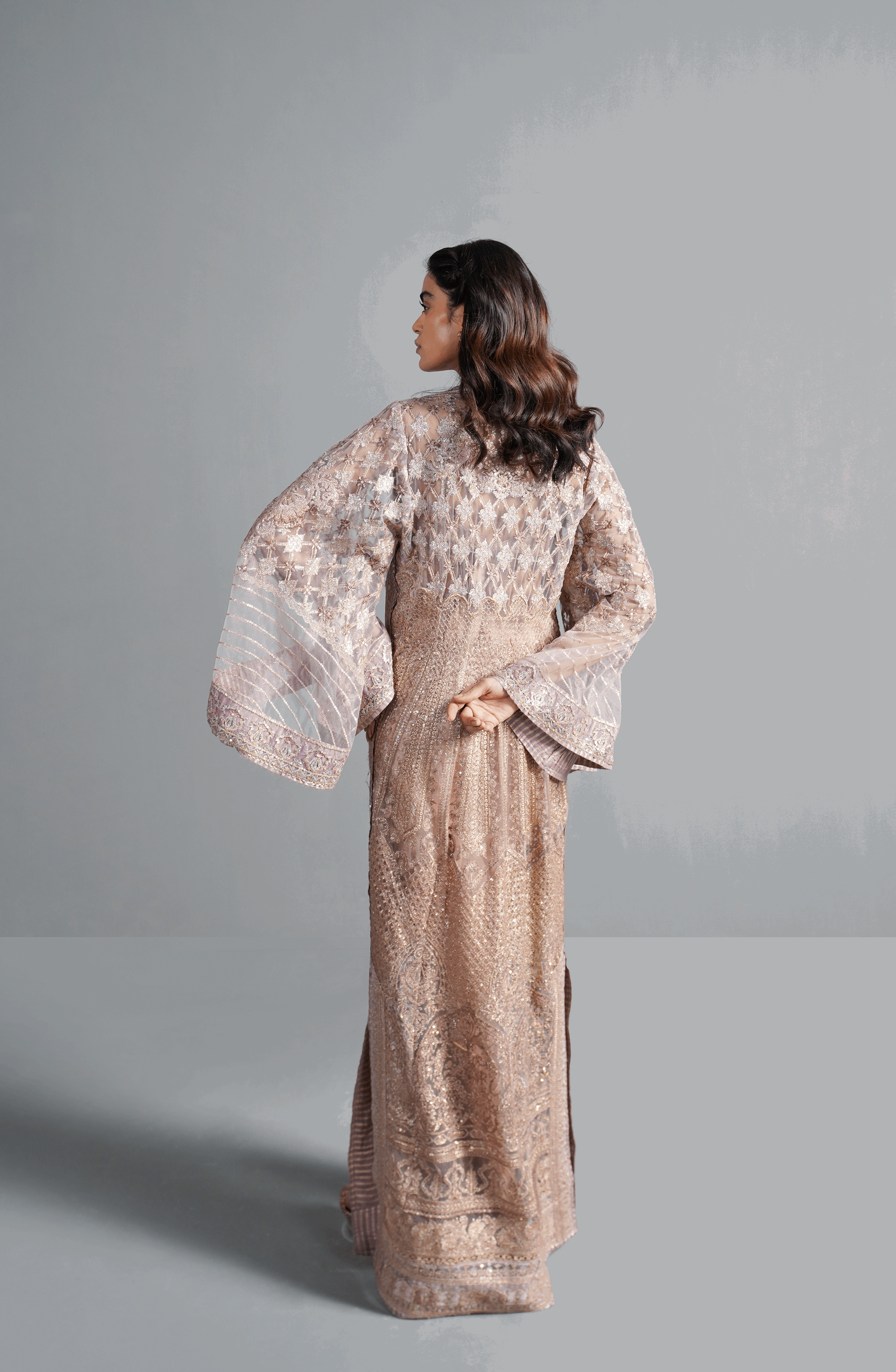 Pakistani Champagne Pink Embroidered Net Jacket Set (3-Piece) - Image 5