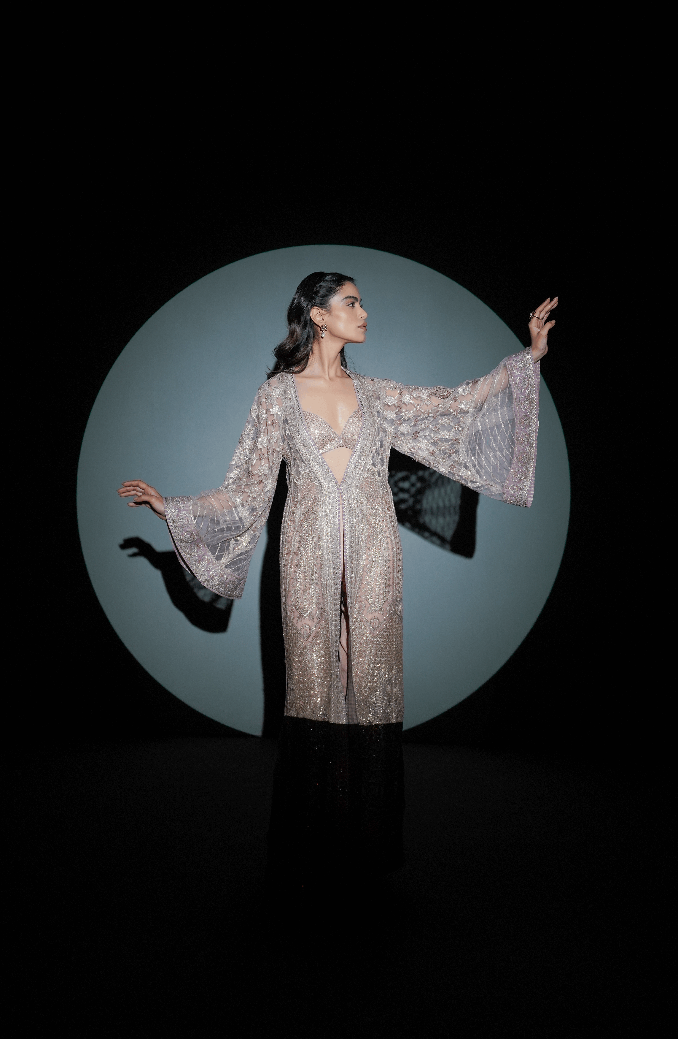 Pakistani Champagne Pink Embroidered Net Jacket Set (3-Piece) - Image 6