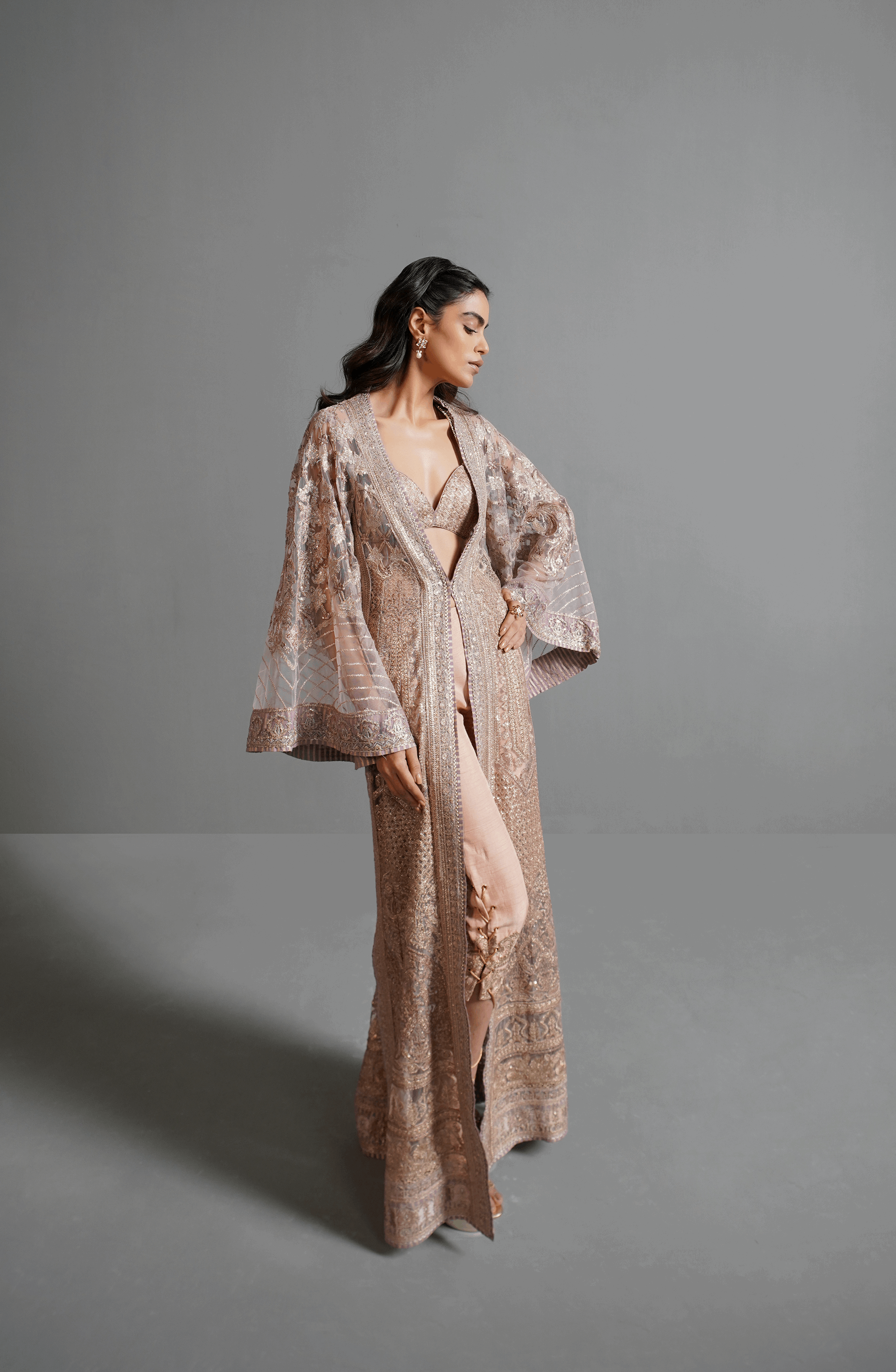 Pakistani Champagne Pink Embroidered Net Jacket Set (3-Piece) - Image 8