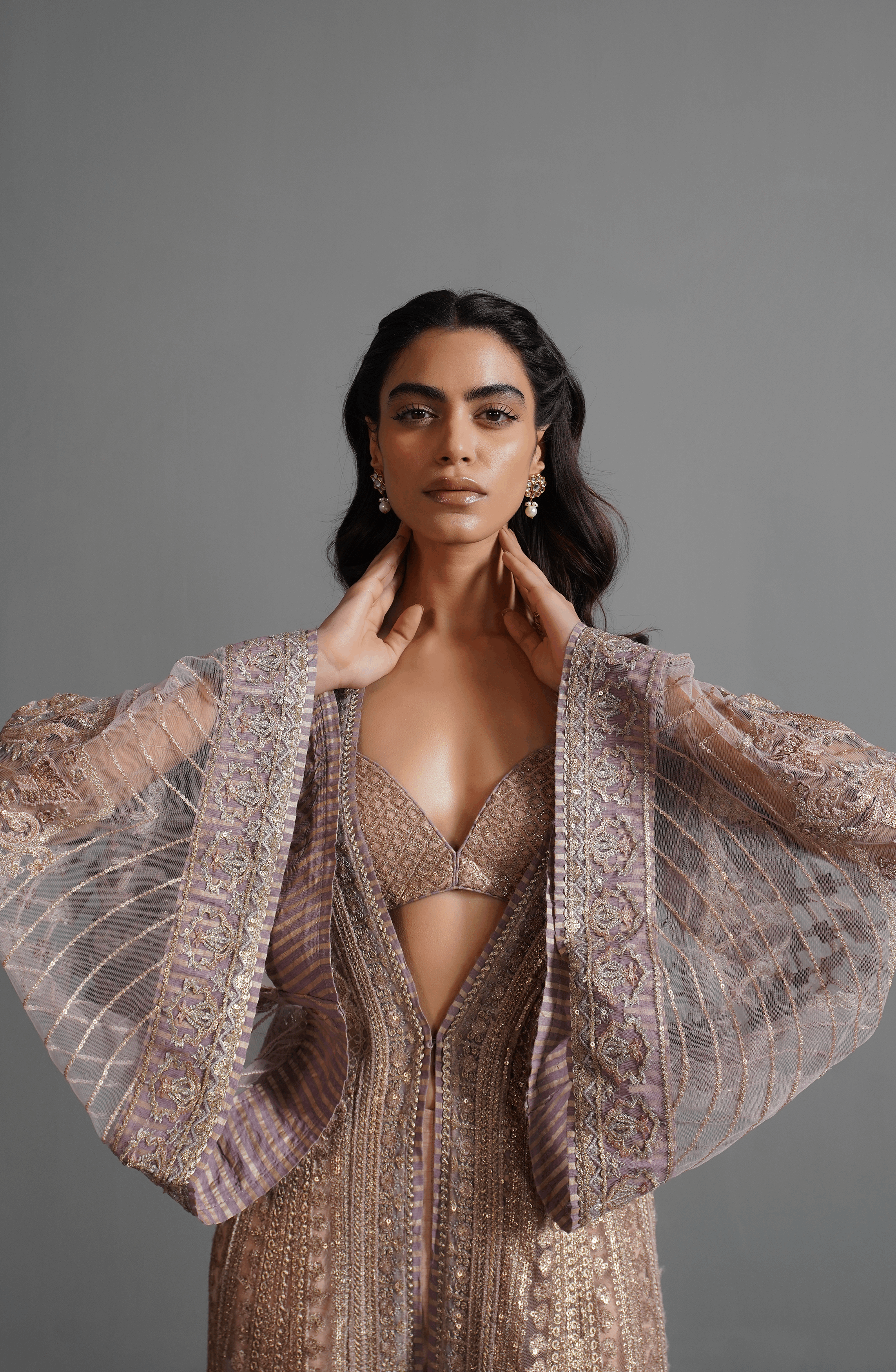 Pakistani Champagne Pink Embroidered Net Jacket Set (3-Piece) - Image 9