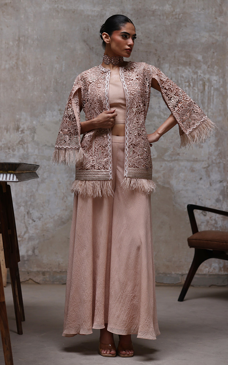 Pakistani Blush Pink Embroidered Organza Jacket Set (2-Piece) - Image 1