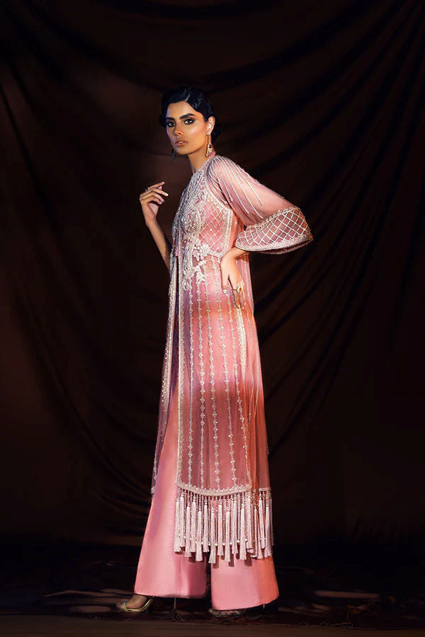 Pakistani Blush Pink Embroidered Net Jacket & Satin Trousers (2-Piece) - Image 1