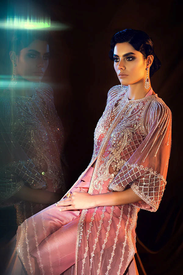 Pakistani Blush Pink Embroidered Net Jacket & Satin Trousers (2-Piece) - Image 2