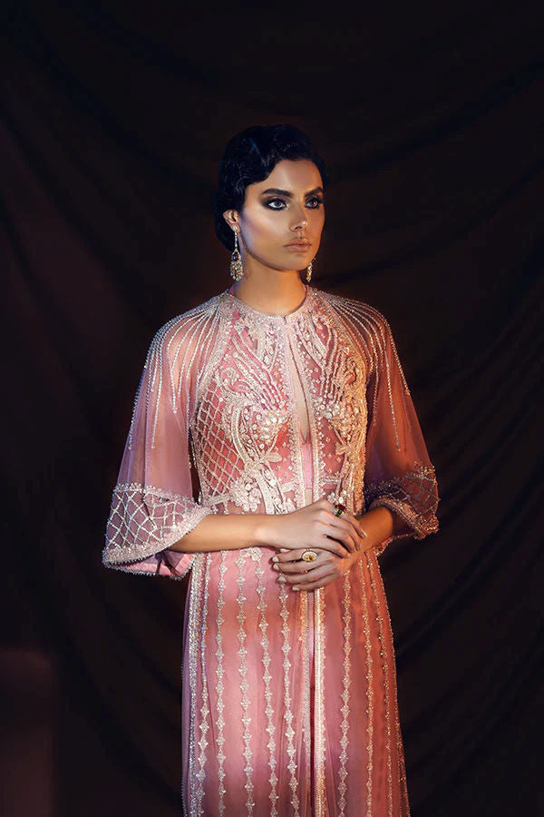 Pakistani Blush Pink Embroidered Net Jacket & Satin Trousers (2-Piece) - Image 4