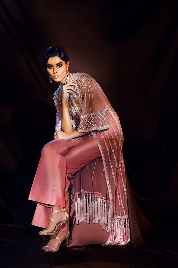 Pakistani Blush Pink Embroidered Net Jacket & Satin Trousers (2-Piece) - Image 5