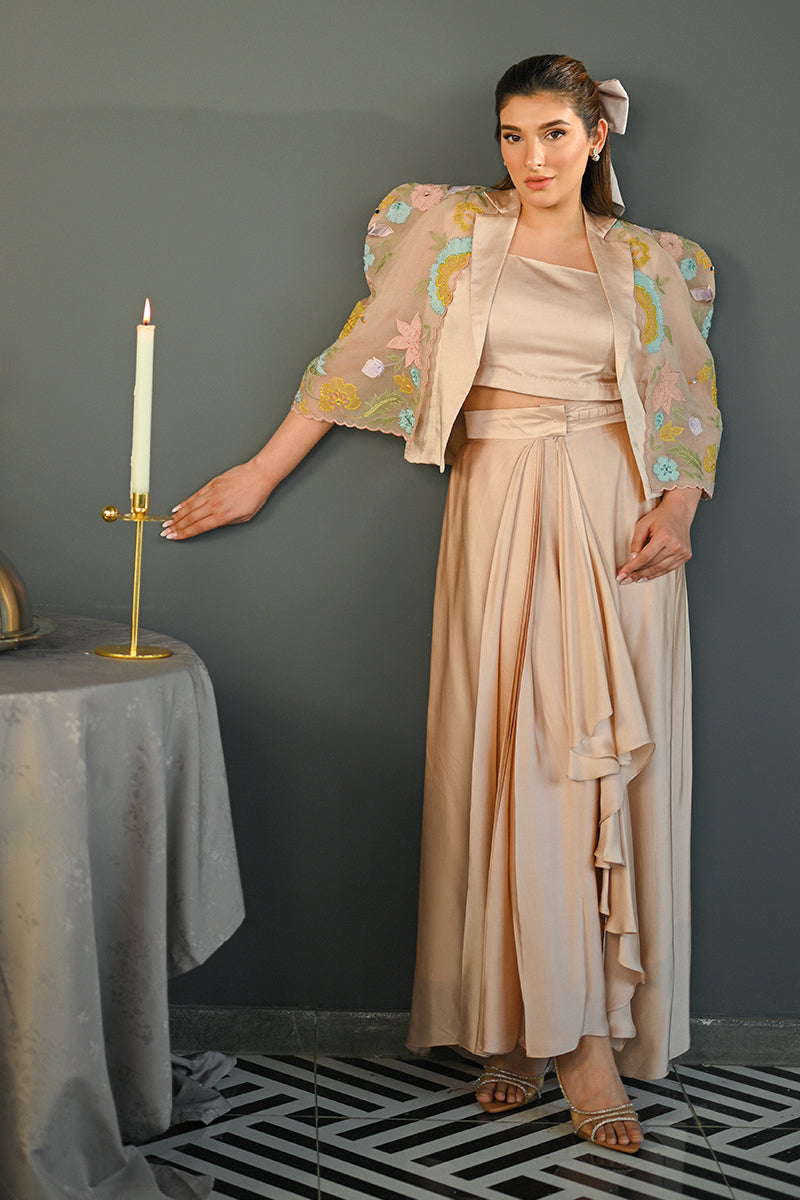 Blush Pink Embroidered Organza Jacket Set (3-Piece) - Image 1