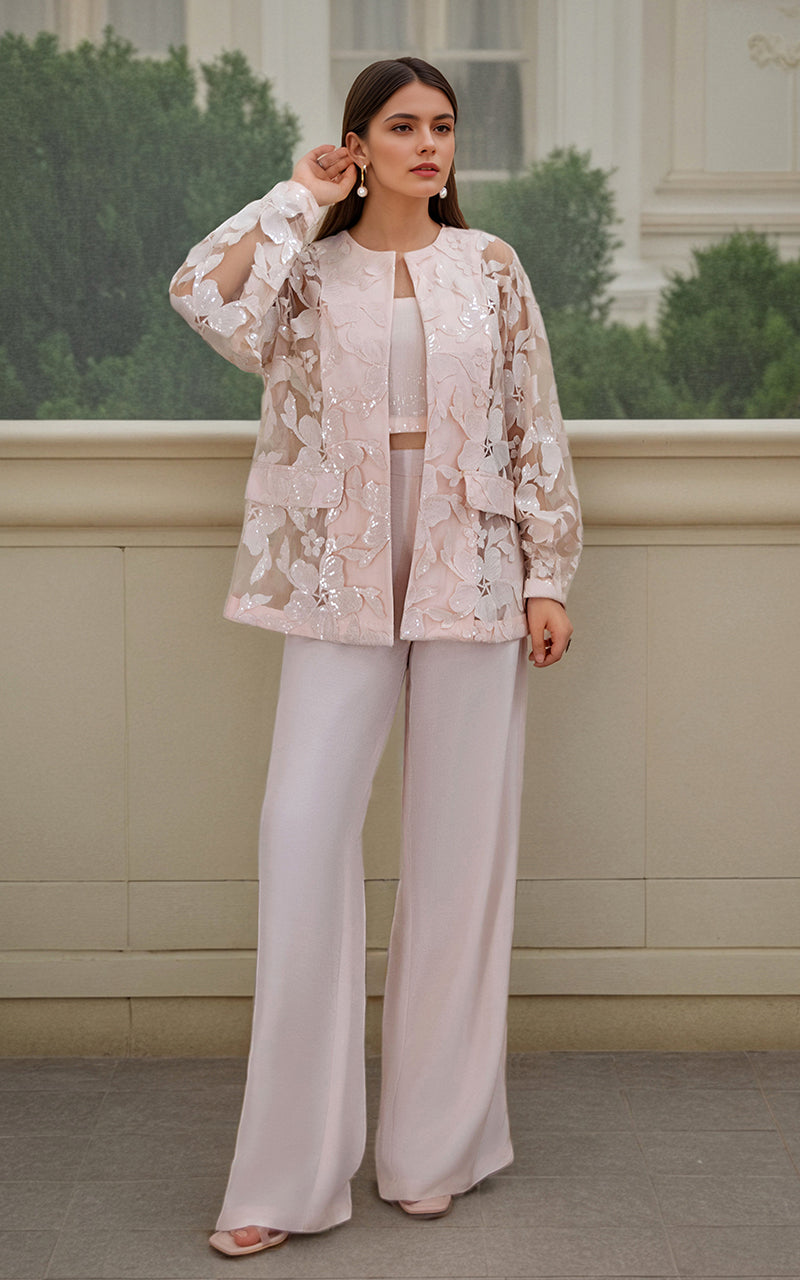 Blush Pink Embroidered Organza Jacket Set (3-Piece) - Image 1