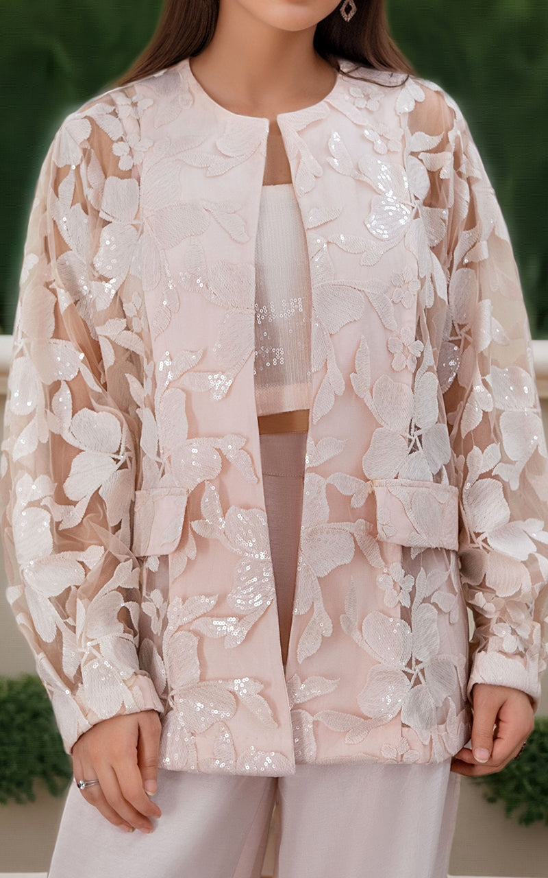 Blush Pink Embroidered Organza Jacket Set (3-Piece) - Image 3