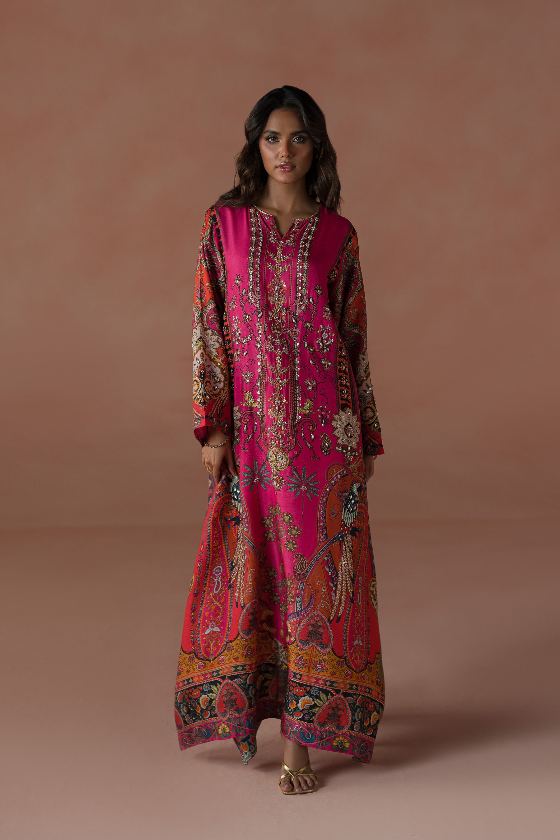 Pakistani Hot Pink Hand-Embellished Silk Kaftan Set (2-Piece) - Image 1