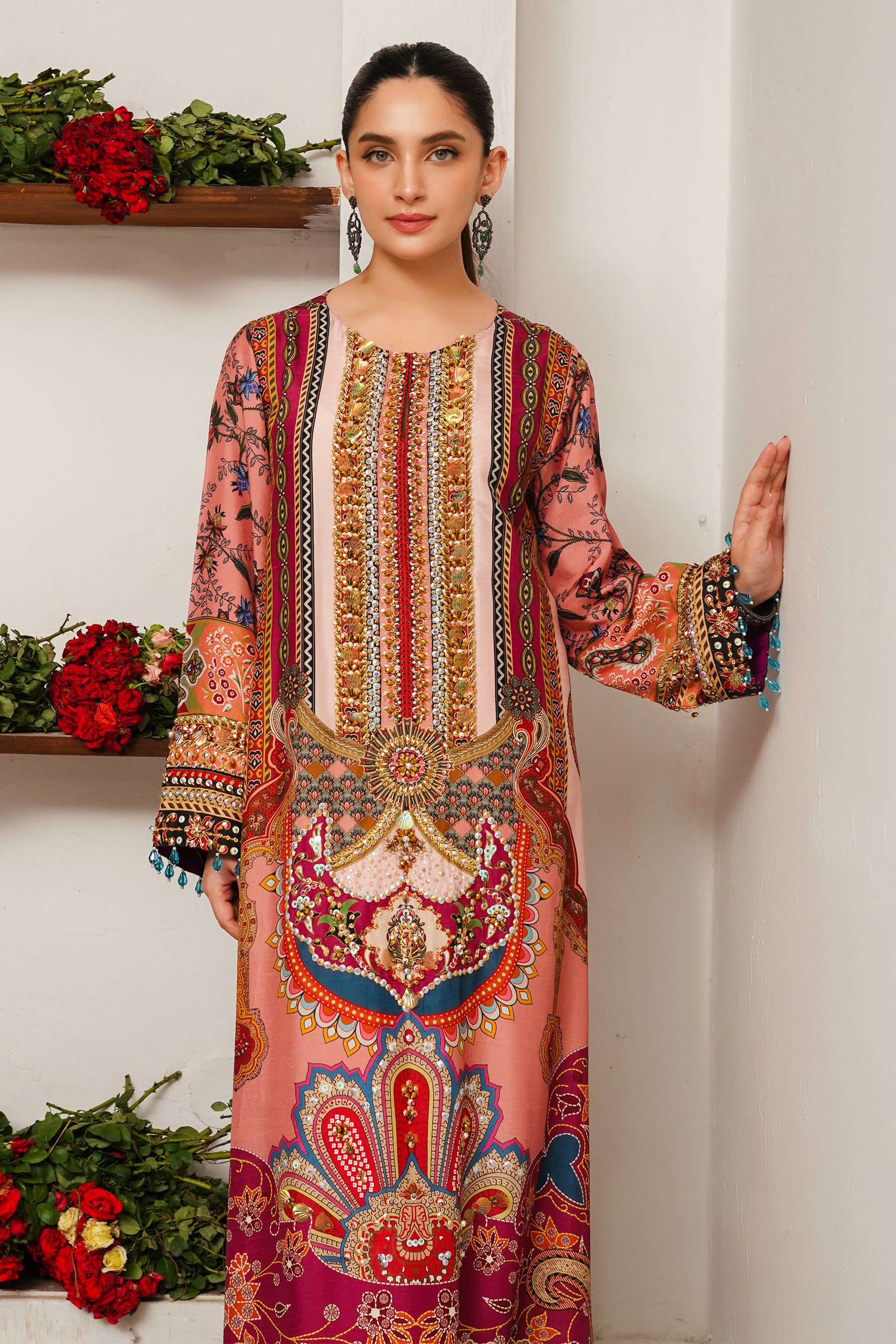 Pakistani Dusty Pink Hand-Embellished Silk Kaftan (2-Piece) - Image 7