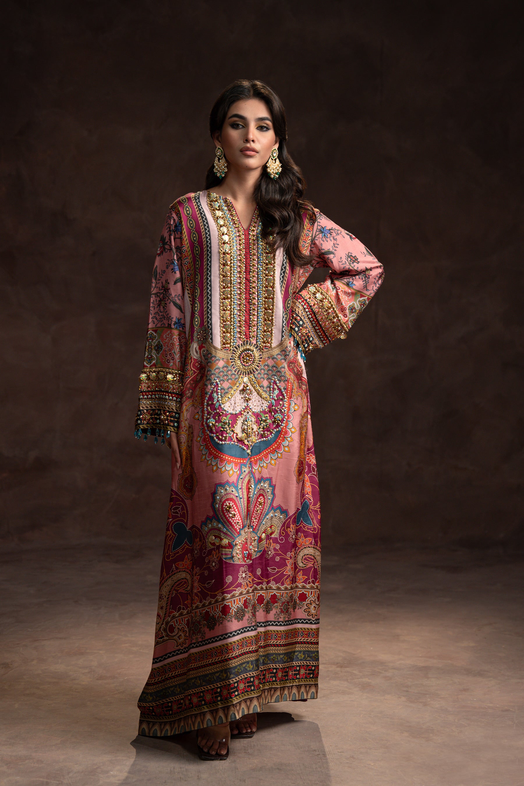 Pakistani Dusty Pink Hand-Embellished Silk Kaftan (2-Piece) - Image 1