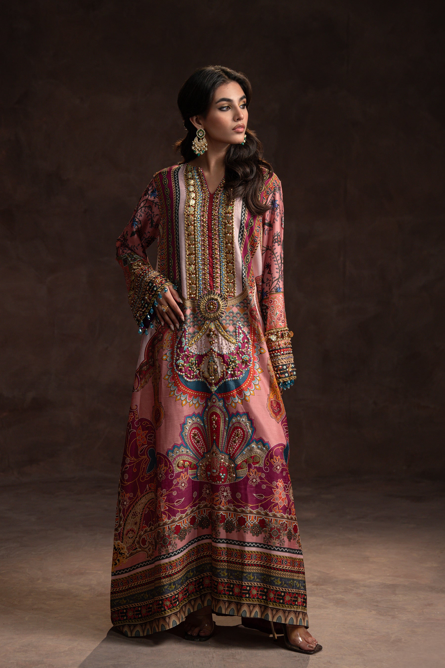 Pakistani Dusty Pink Hand-Embellished Silk Kaftan (2-Piece) - Image 2