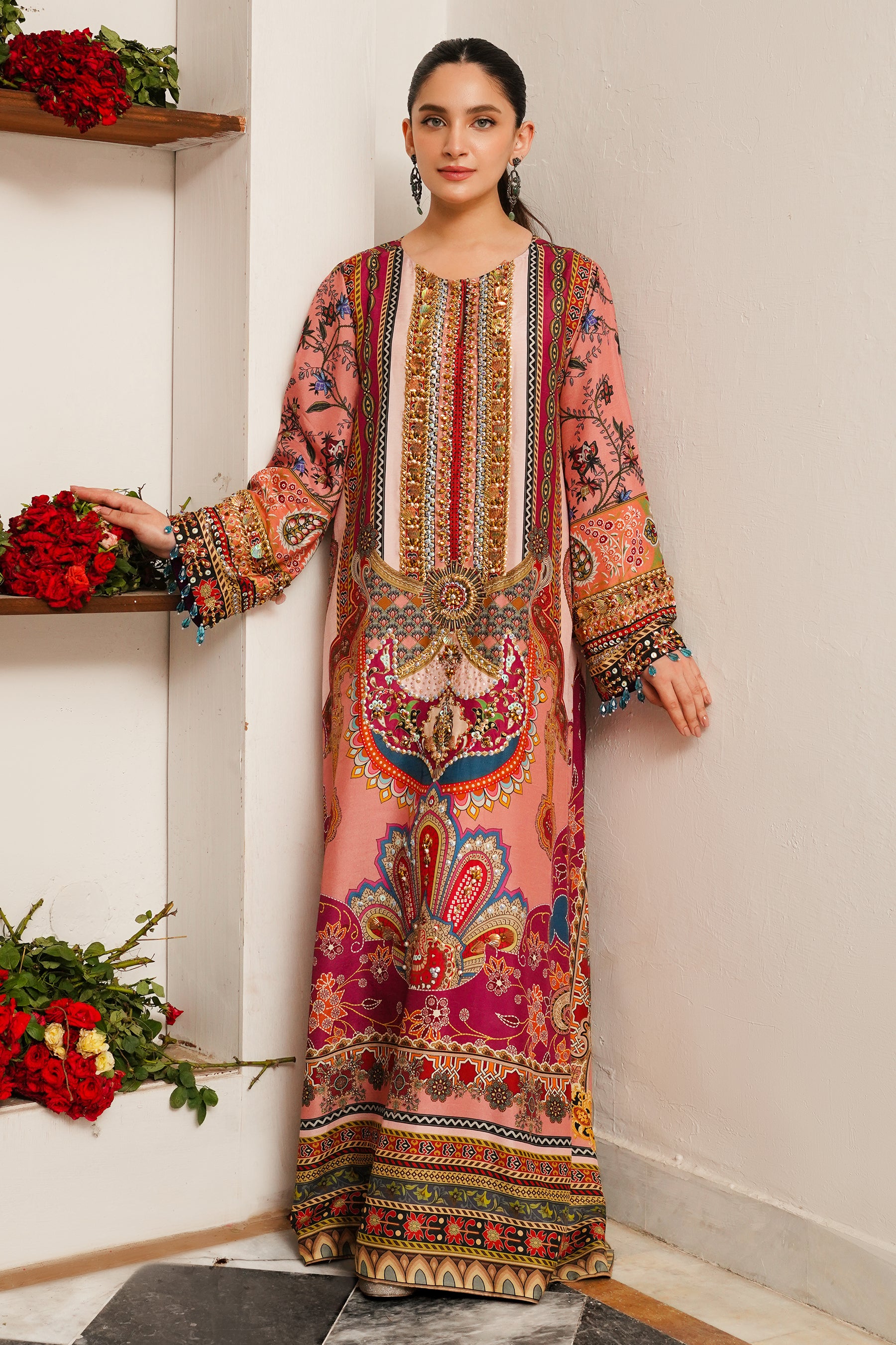 Pakistani Dusty Pink Hand-Embellished Silk Kaftan (2-Piece) - Image 6