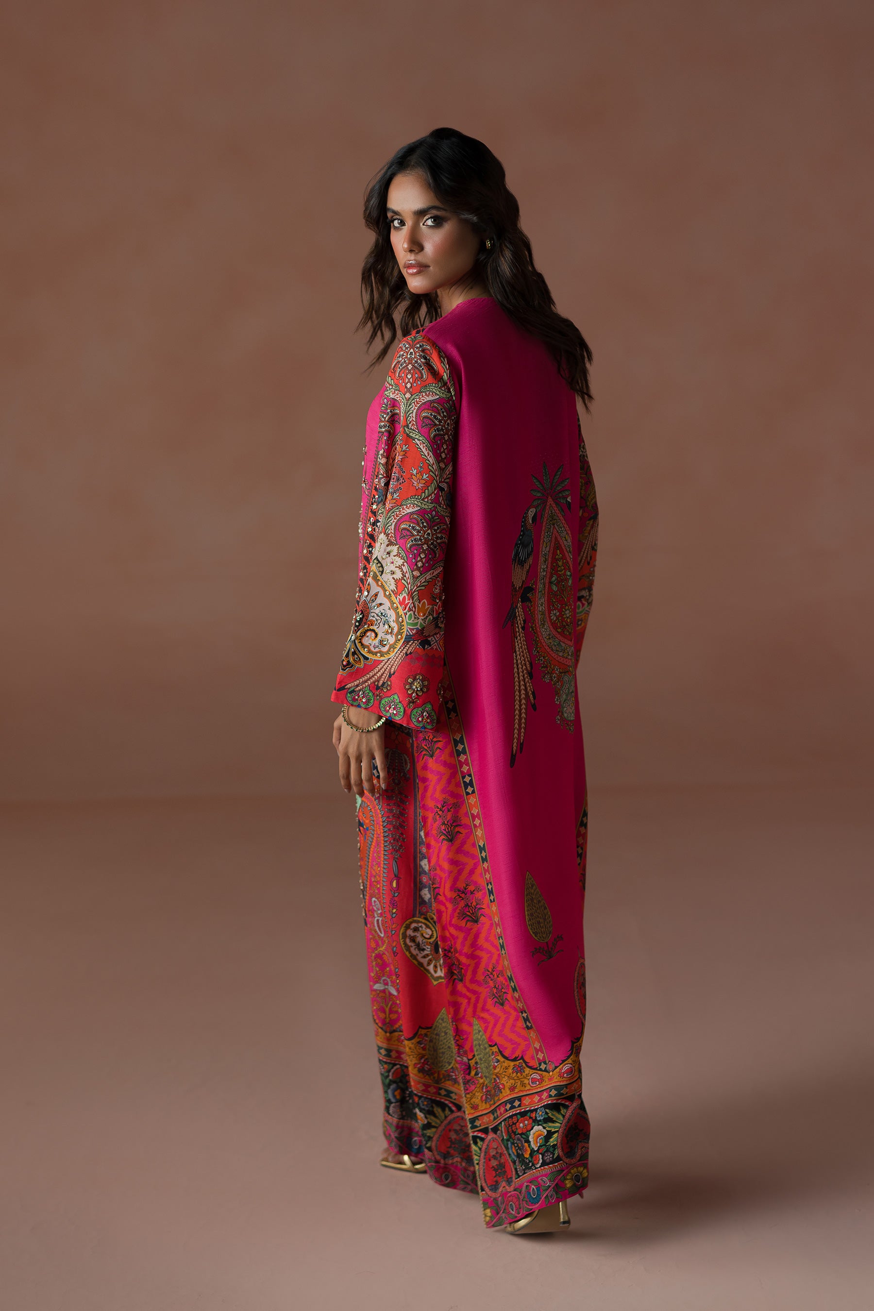 Pakistani Hot Pink Hand-Embellished Silk Kaftan Set (2-Piece) - Image 4