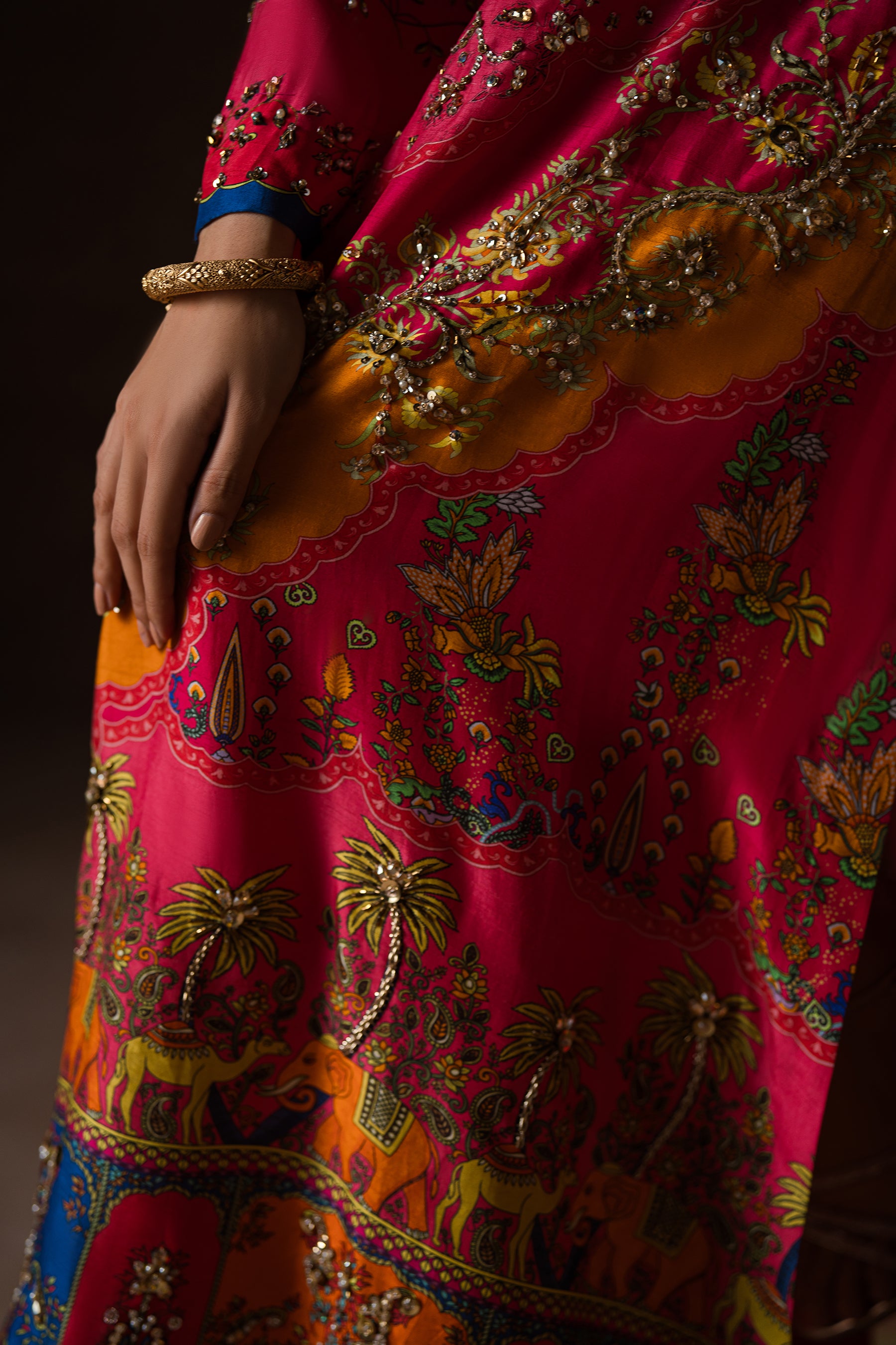 Fuchsia Pink Hand-Embellished Silk Kaftan Set (2-Piece) - Image 4
