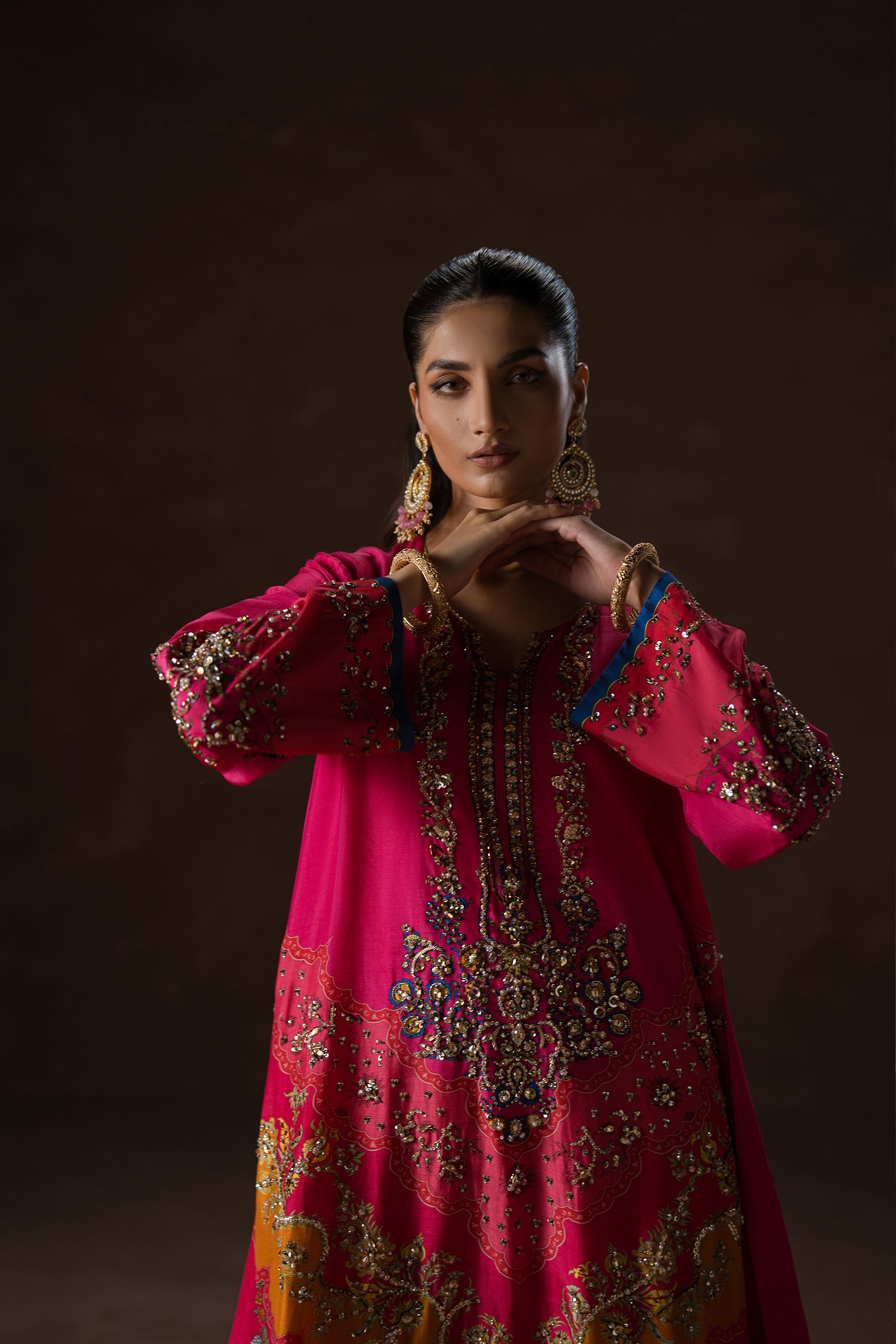 Fuchsia Pink Hand-Embellished Silk Kaftan Set (2-Piece) - Image 5