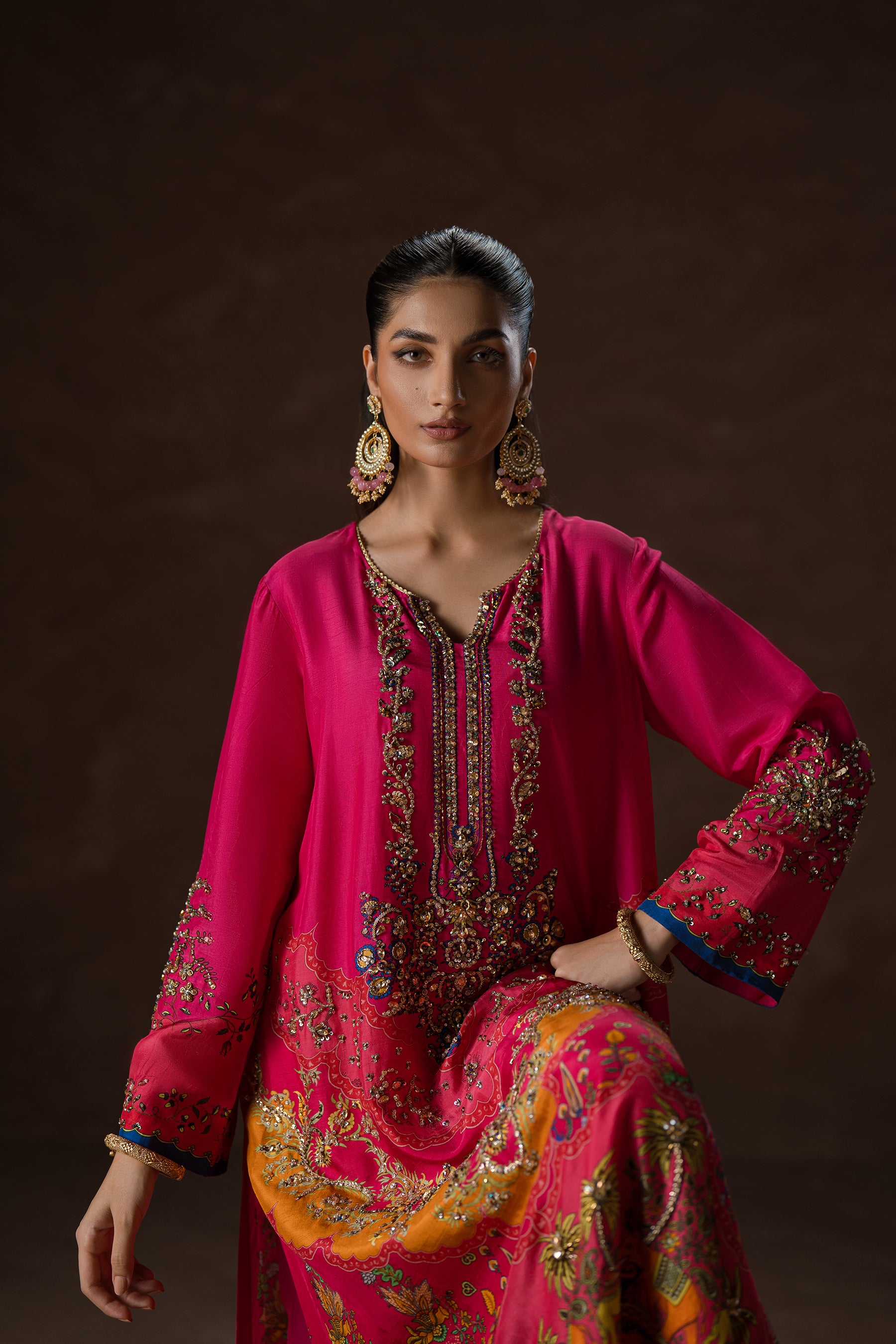 Fuchsia Pink Hand-Embellished Silk Kaftan Set (2-Piece) - Image 8