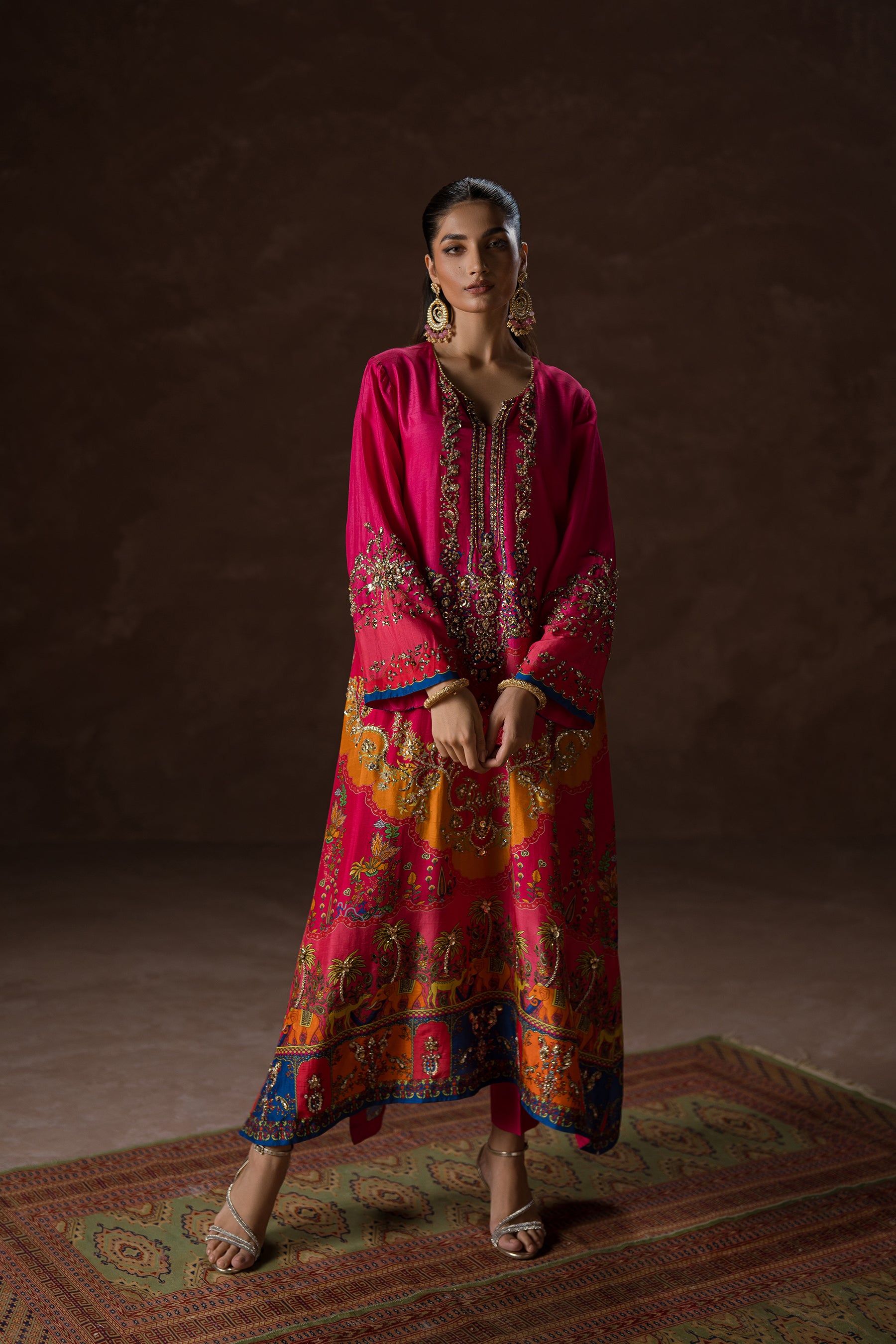 Pakistani Fuchsia Pink Hand-Embellished Silk Kaftan (2-Piece) - Image 1