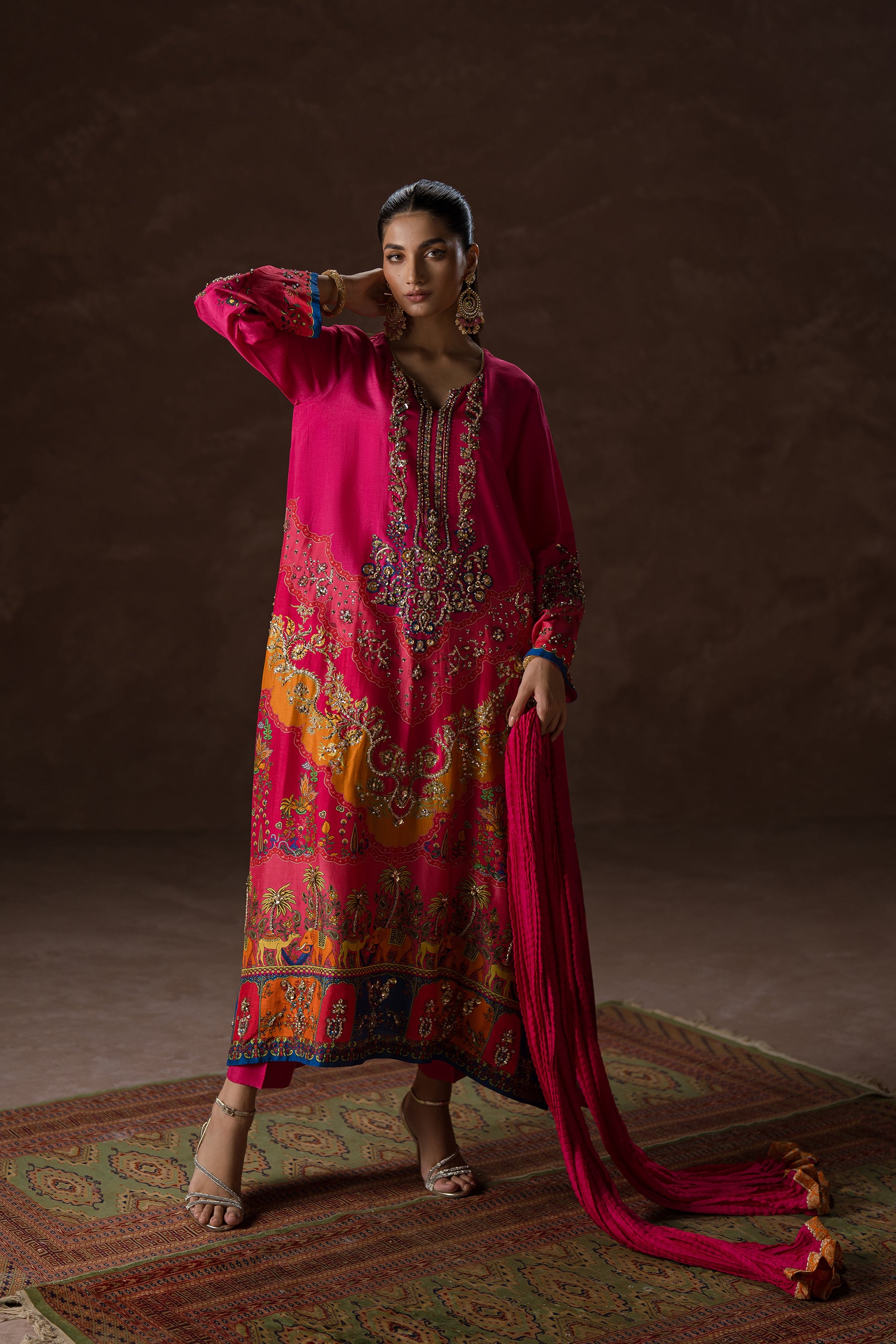 Pakistani Fuchsia Pink Hand-Embellished Silk Kaftan (2-Piece) - Image 2