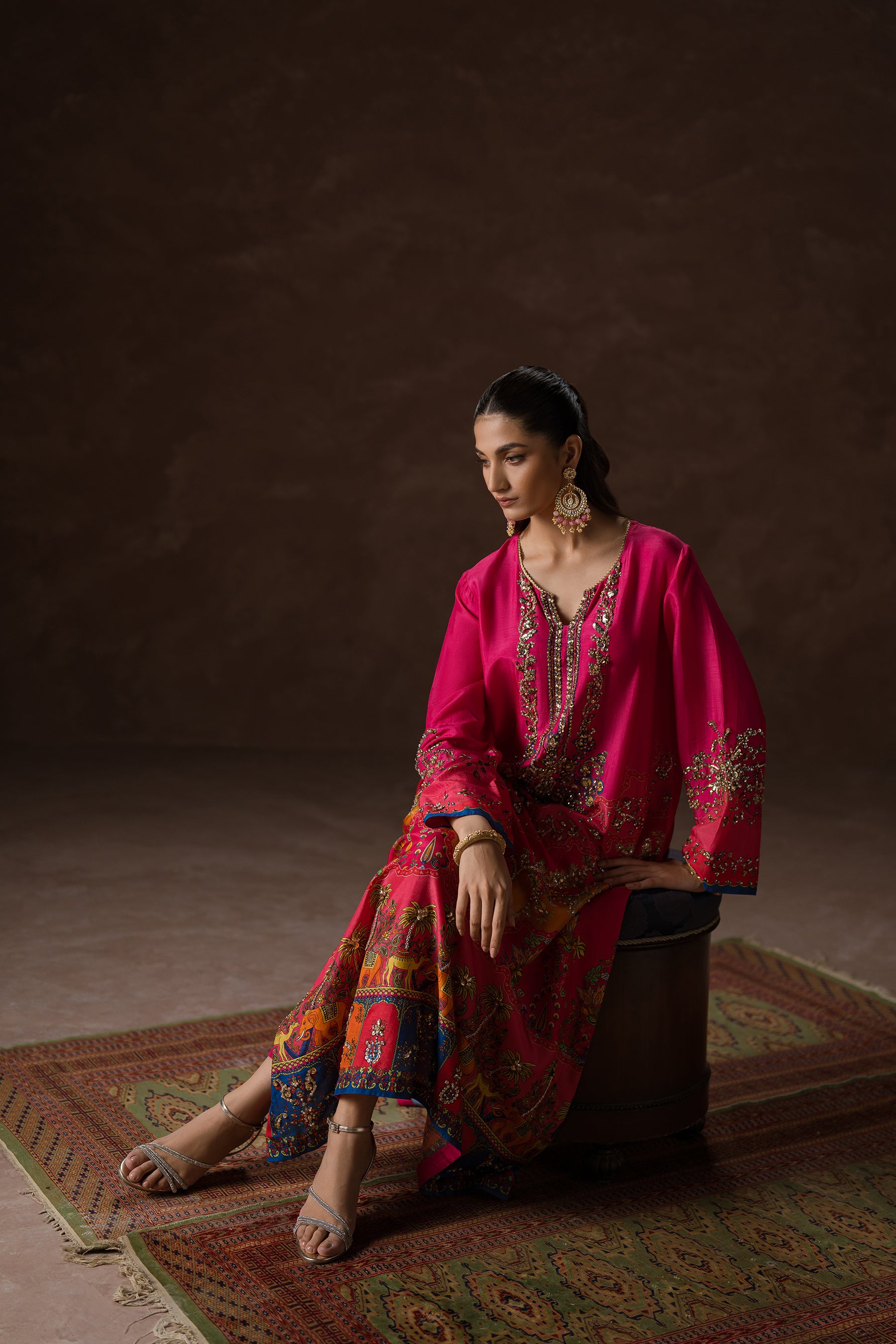 Pakistani Fuchsia Pink Hand-Embellished Silk Kaftan (2-Piece) - Image 3
