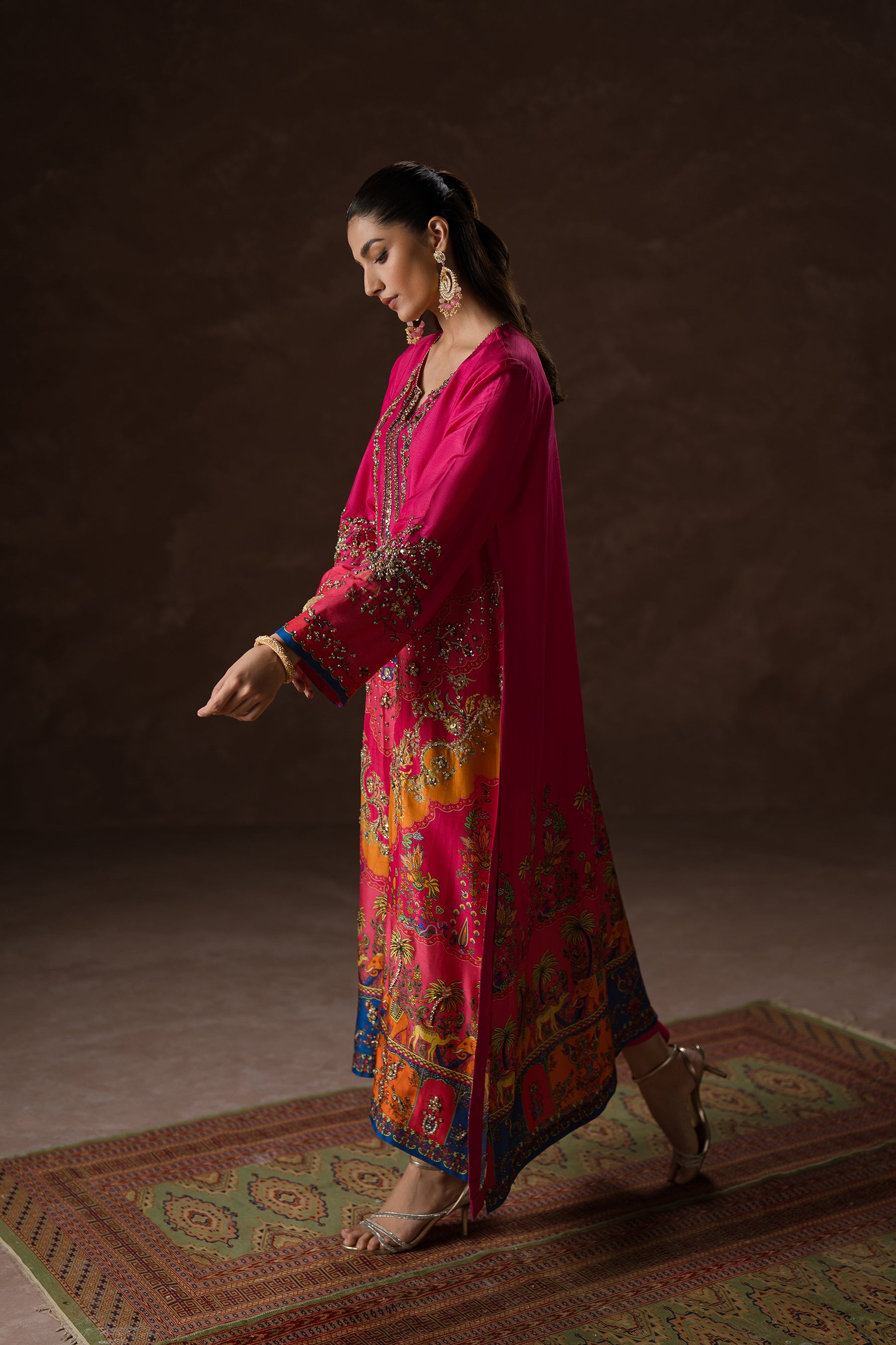 Pakistani Hot Pink Zardozi Blended Silk Kaftan Set (2-Piece) - Image 6