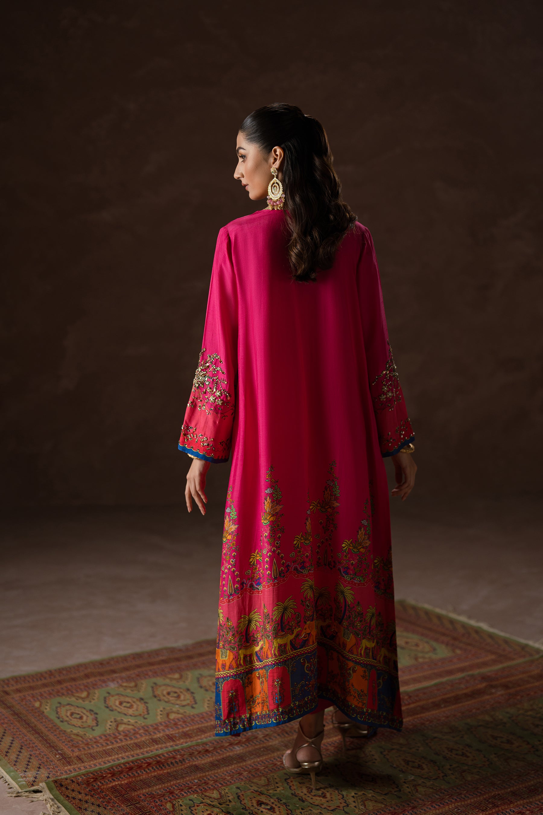 Pakistani Fuchsia Pink Hand-Embellished Silk Kaftan Set (2-Piece) - Image 7