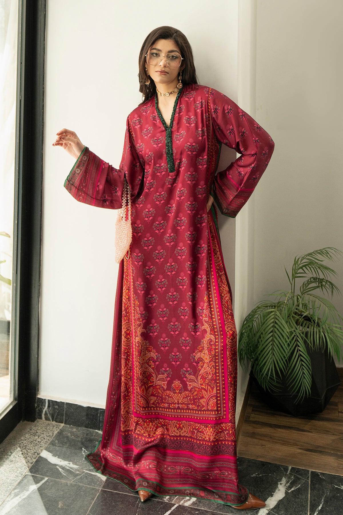 Pakistani Berry Hand Embellished Charmeuse Silk Kaftan (1-Pc) - Image 1