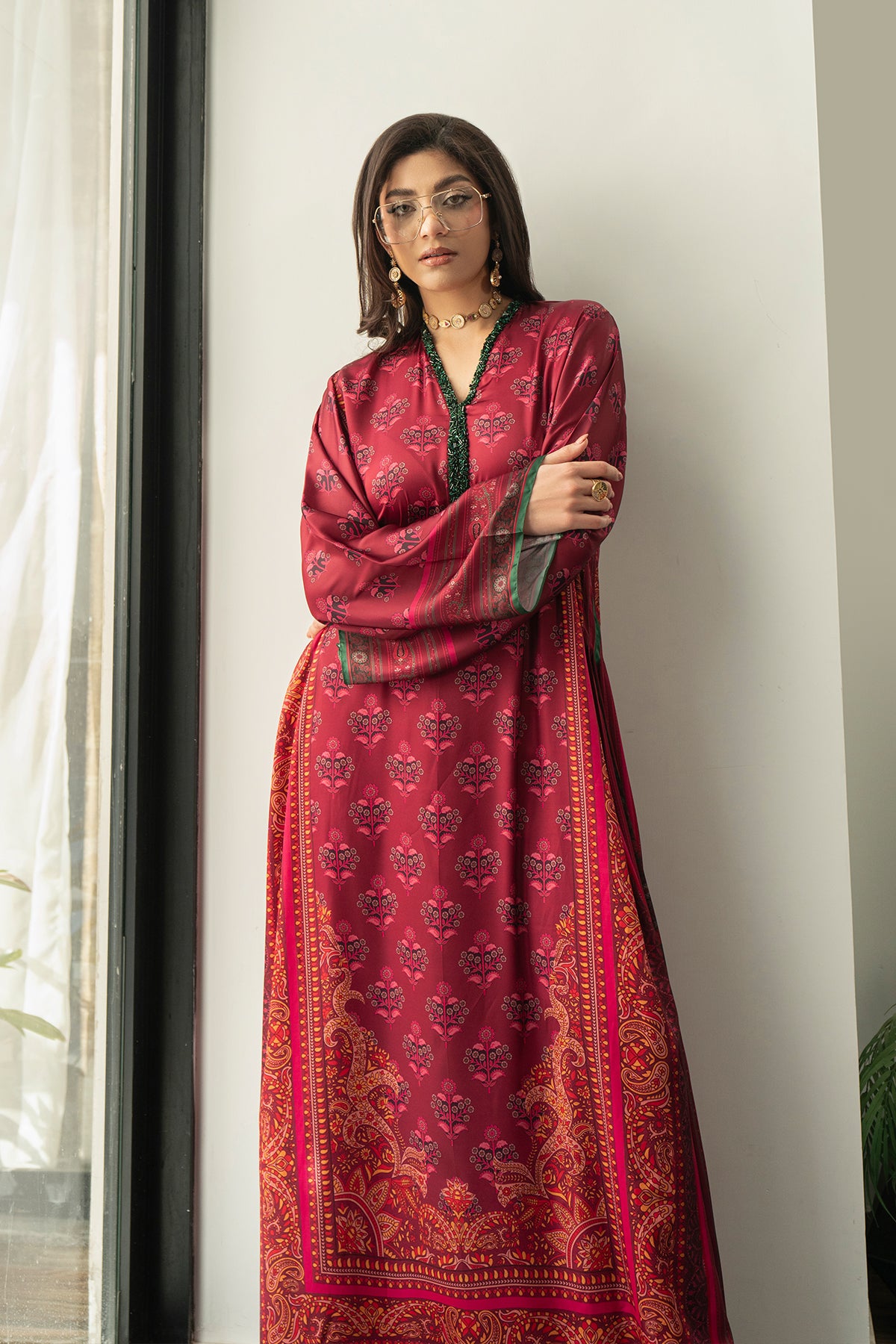 Pakistani Berry Hand Embellished Charmeuse Silk Kaftan (1-Pc) - Image 2