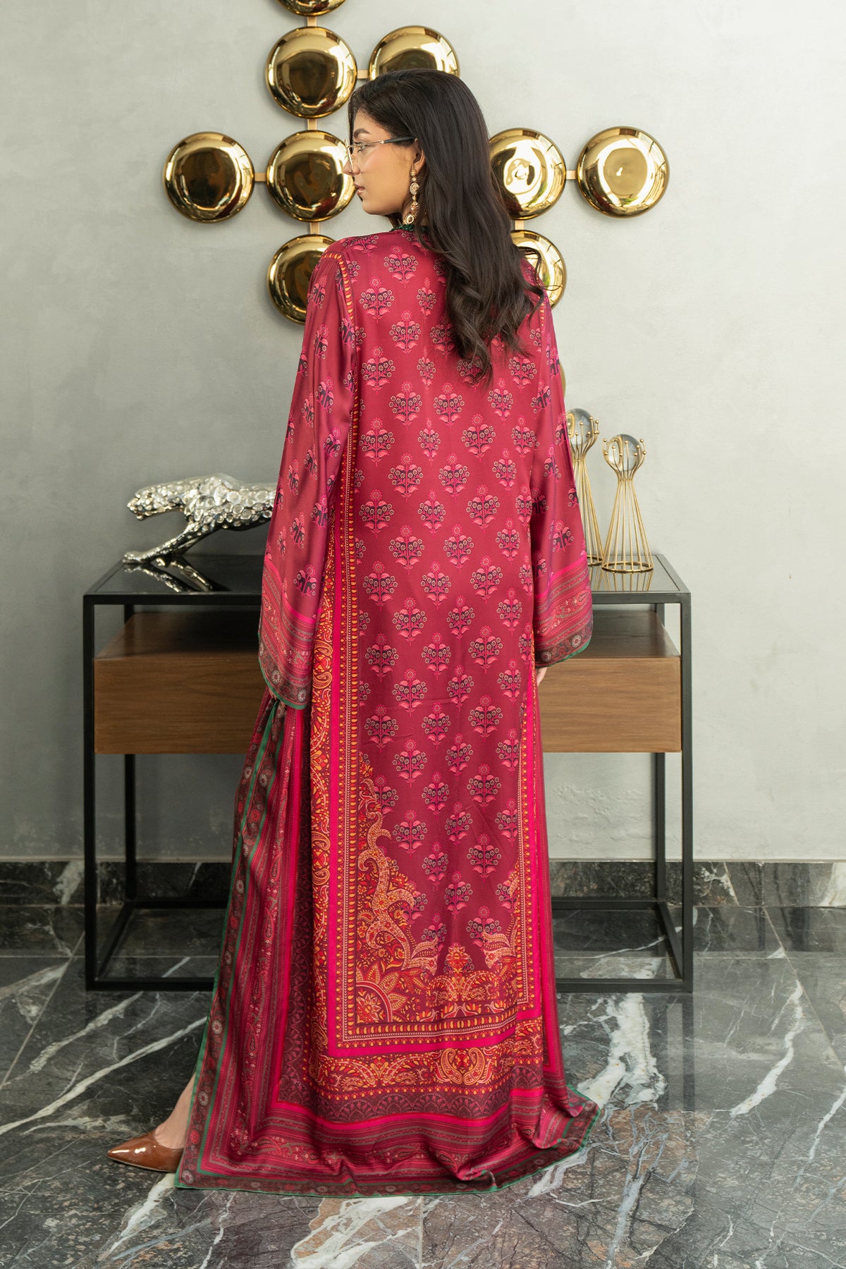 Pakistani Berry Hand Embellished Charmeuse Silk Kaftan (1-Pc) - Image 3