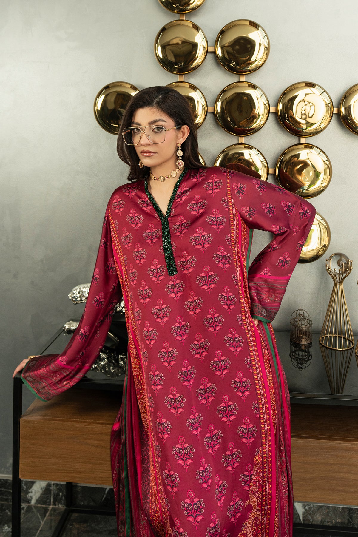 Pakistani Berry Hand Embellished Charmeuse Silk Kaftan (1-Pc) - Image 4