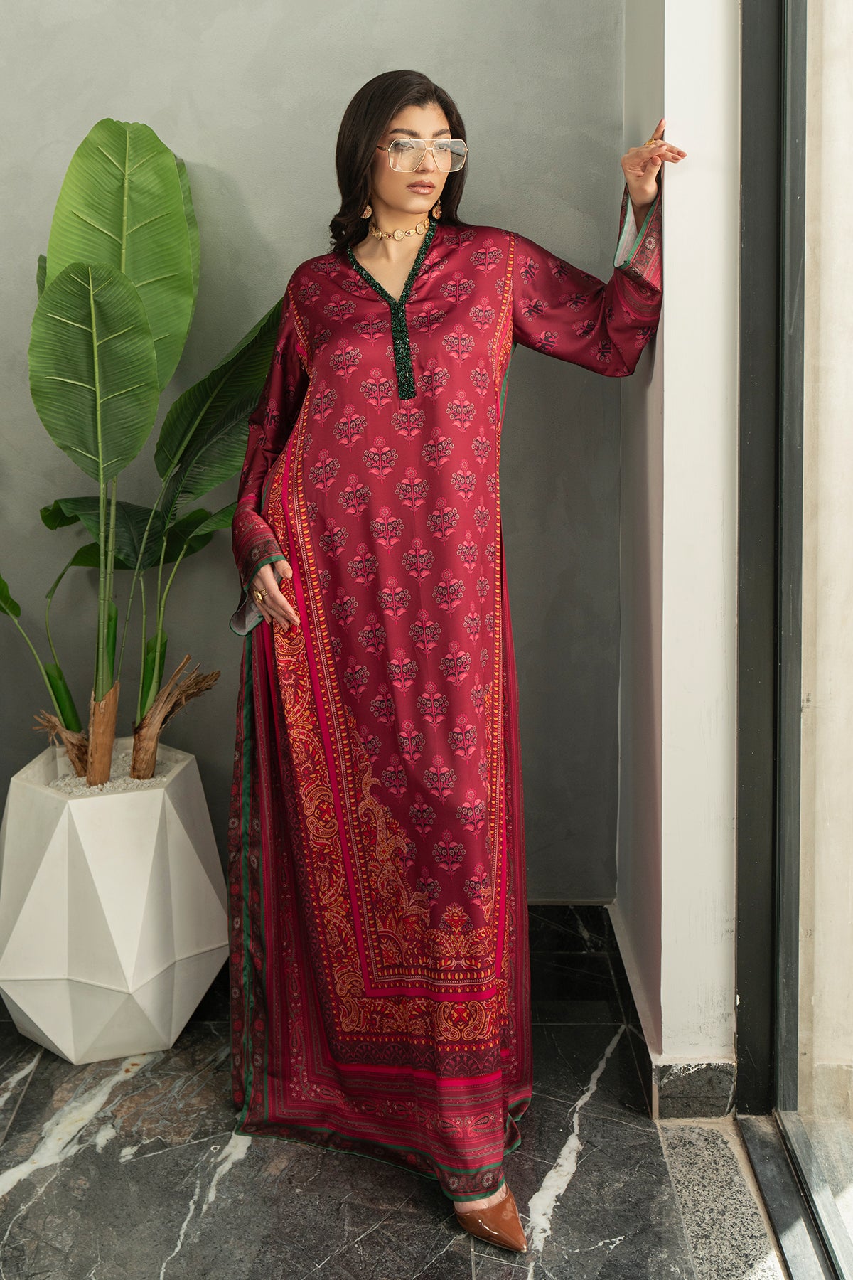 Pakistani Berry Hand Embellished Charmeuse Silk Kaftan (1-Pc) - Image 6