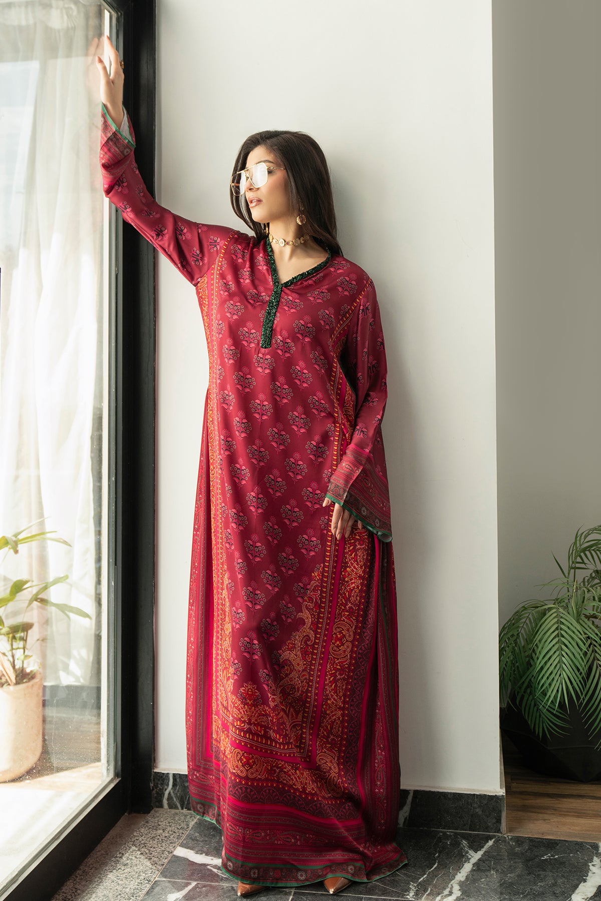 Pakistani Berry Hand Embellished Charmeuse Silk Kaftan (1-Pc) - Image 7