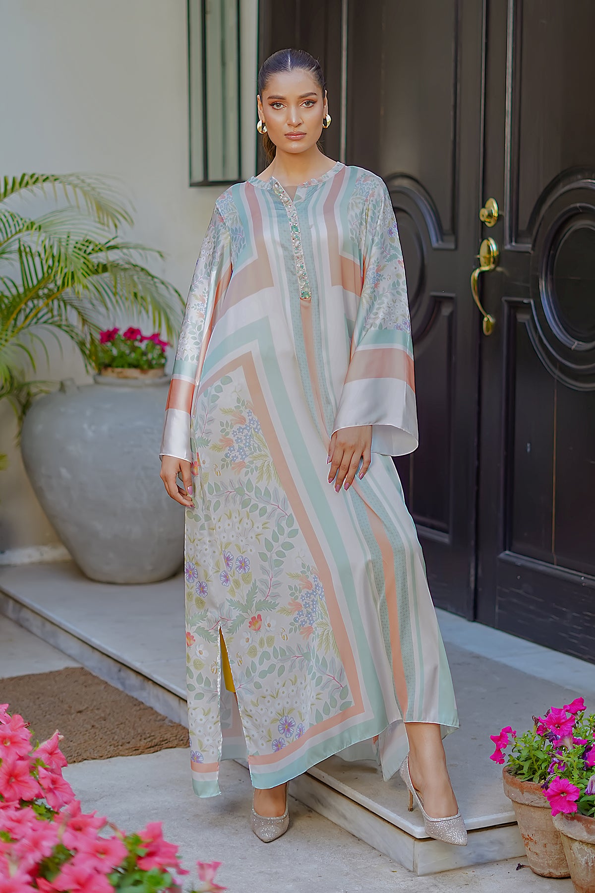 Pakistani Pastel Blush Printed Charmeuse Silk Kaftan (1-Pc) - Image 1