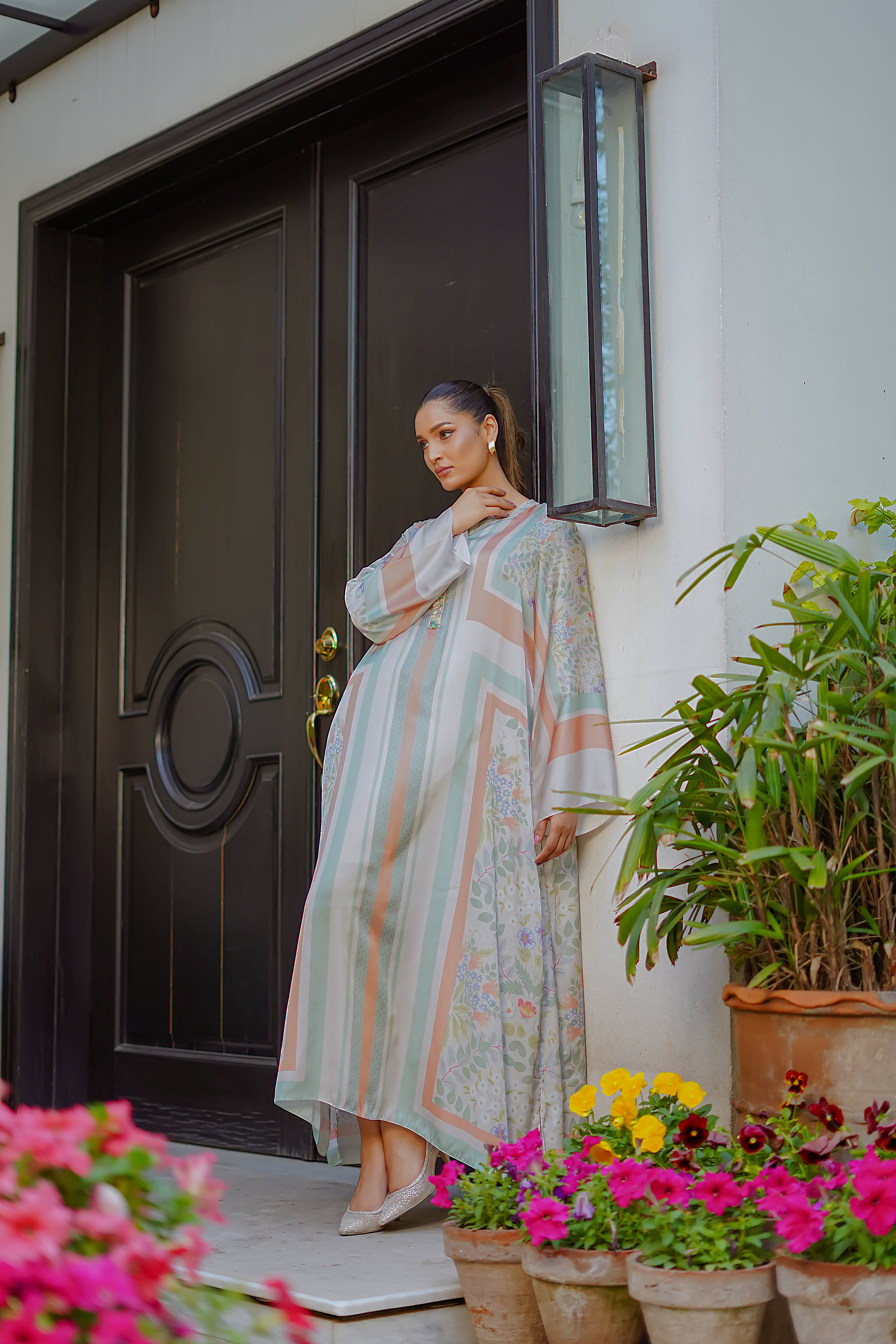 Pakistani Pastel Blush Printed Charmeuse Silk Kaftan (1-Pc) - Image 6